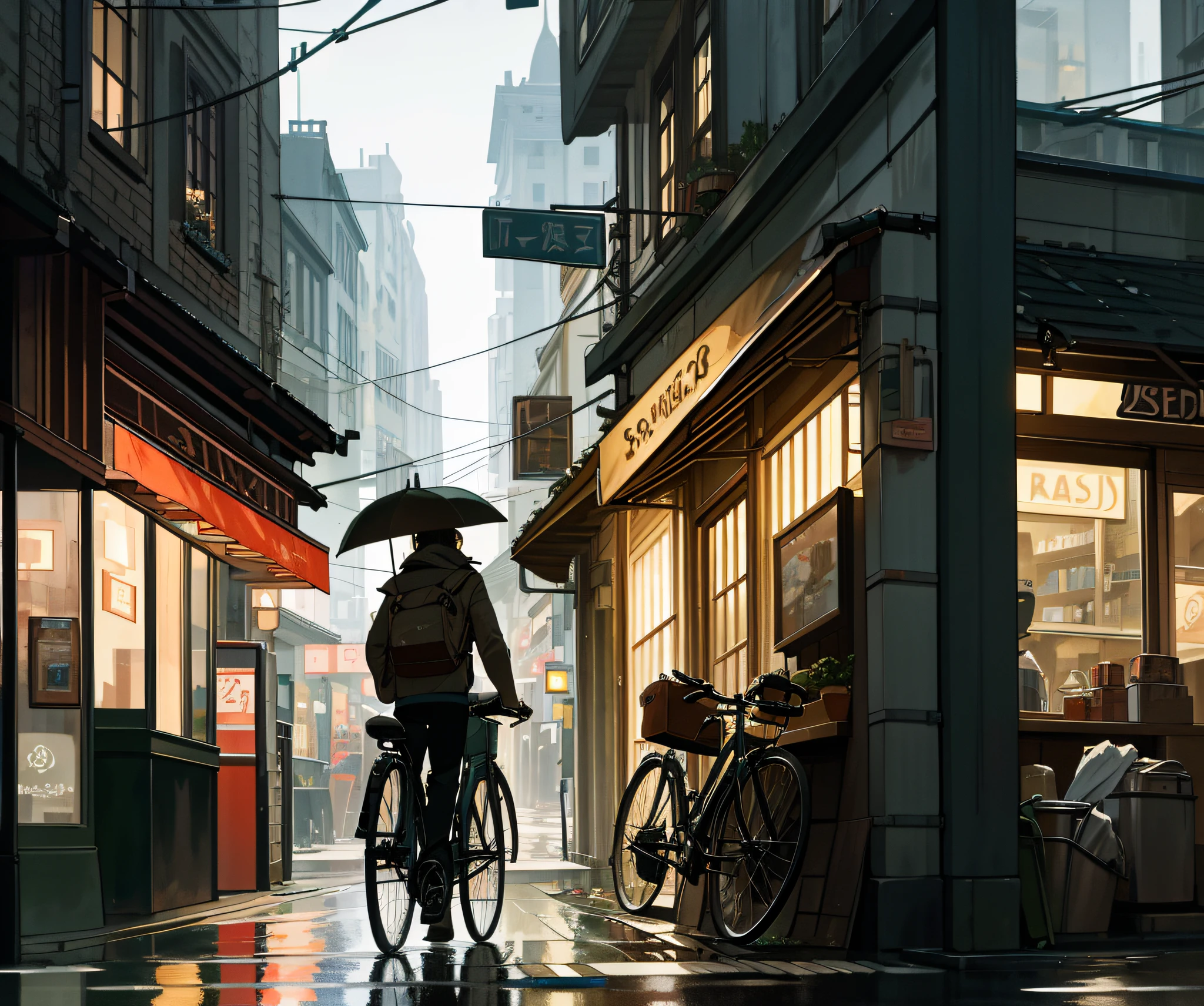 Photo of a cafe, wet street, buildings, busy street, cycle, garbage, nostalgia, ultra quality, hyper detailed,