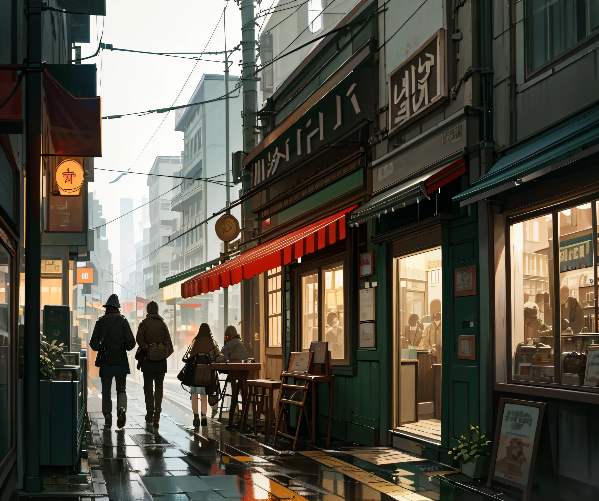Photo of a cafe, wet street, buildings, busy street, cycle, garbage, nostalgia, ultra quality, hyper detailed,