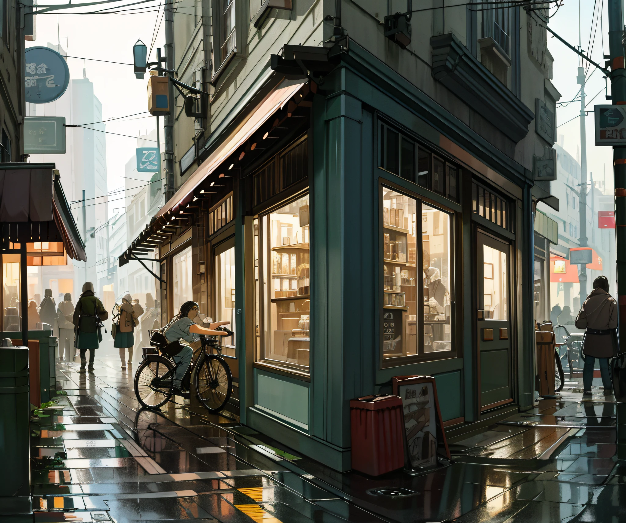 Photo of a cafe, wet street, buildings, busy street, cycle, garbage, nostalgia, ultra quality, hyper detailed,
