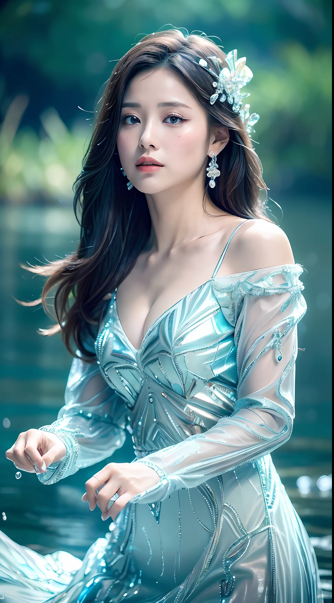 (Masterpiece, Top Quality, Best, Official Art, Beautiful and Aesthetic, Long Exposure: 1.2), Smooth Movement, Charming Patterns, 1 Girl, (No Cleavage: 1.4), (Long Dress with Sleeves: 1.3) , long blue dress, (small breasts: 1.2), bare shoulders, adult Russian woman, freckles, black lob hair, portrait, solo, upper body, looking at the observer, detailed background, detailed face, (crystallineAI, crystalline theme: 1.1 ), elemental water sprite, spinning water, controlling water, diamond clothes, dynamic pose, floating particles, ethereal dynamics, water, vapor, ocean in background, blue tint, coast, ethereal atmosphere,