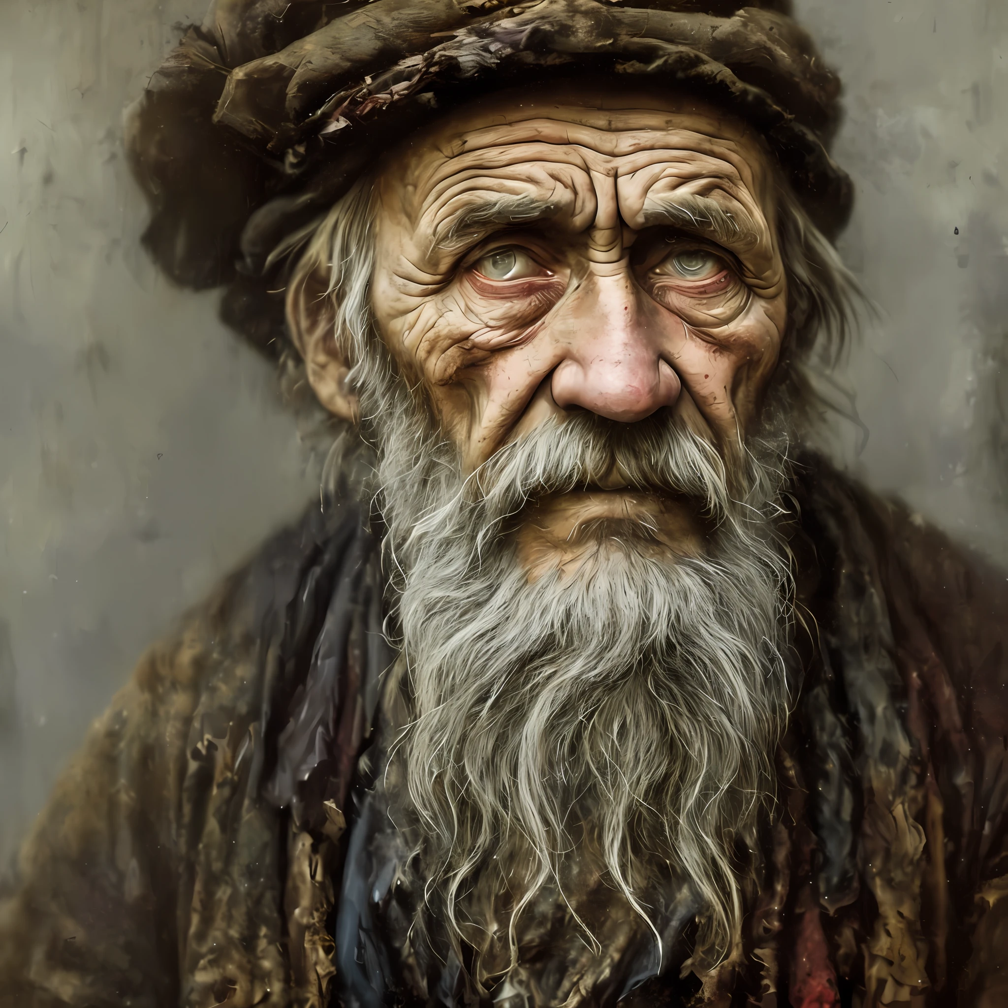 A portrait of poor russian 1800 old worker in rags, ((overwhelming fatigue )), wrinkles of age, concept art, oil pastel painting , moody gray colors , gritty, messy stylestyle of Alexey Savrasov, Ivan Shishkin, Ilya Repin, (cel shaded:1.2), 2d, (oil painting:1.2) highly detailed