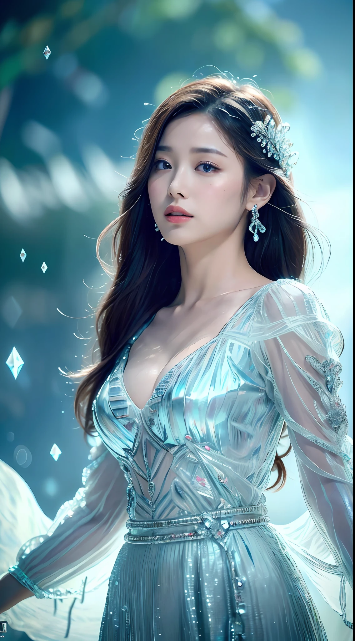 (Masterpiece, Top Quality, Best, Official Art, Beautiful and Aesthetic, Long Exposure: 1.2), Smooth Movement, Charming Patterns, 1 Girl, (No Cleavage: 1.4), (Long Dress with Sleeves: 1.3) , long blue dress, (small breasts: 1.2), bare shoulders, adult Russian woman, freckles, black lob hair, portrait, solo, upper body, looking at the observer, detailed background, detailed face, (crystallineAI, crystalline theme: 1.1 ), elemental water sprite, spinning water, controlling water, diamond clothes, dynamic pose, floating particles, ethereal dynamics, water, vapor, ocean in background, blue tint, coast, ethereal atmosphere,