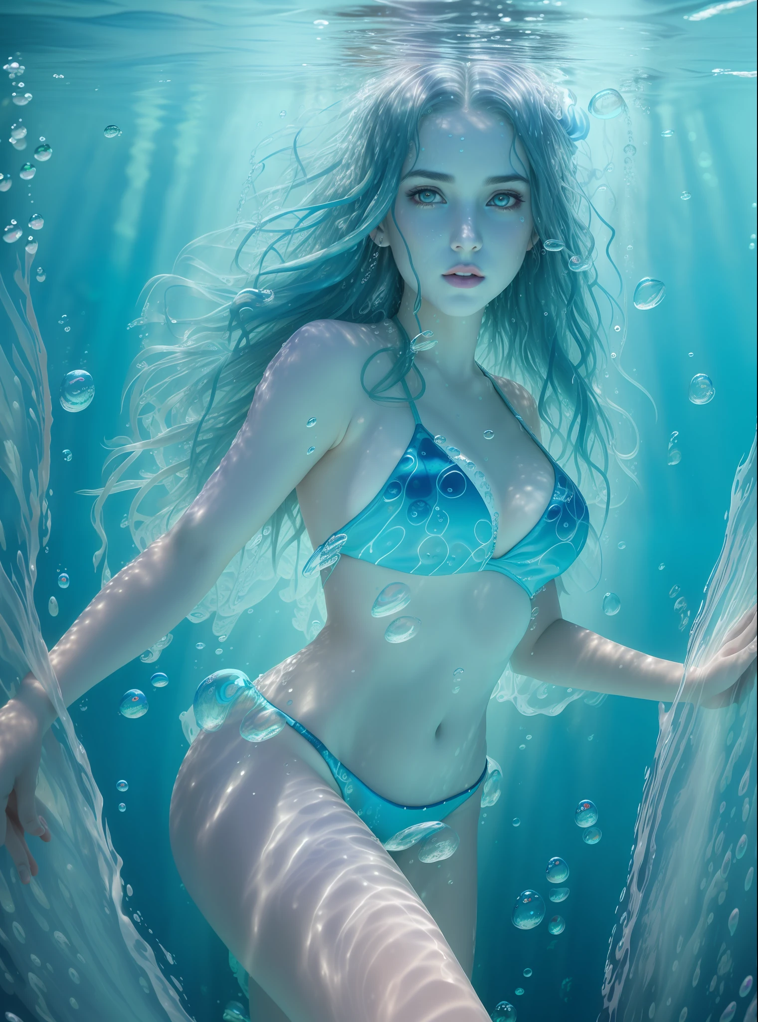 a painting of a famale with blue hair, (wet skin covered with drops:1.2), (in a underwater:1.6) horror scene, water, air body soft particles, (air bubbles:1.5), Swimsuit, Closed swimsuit
film still from avengers endgame, evil fairies, closeup cinematic aquatic scene, dmt visuals, lilacs, young woman as medusa, juno promotional image, animation key shot, cherub, (air bubbles:1.5)