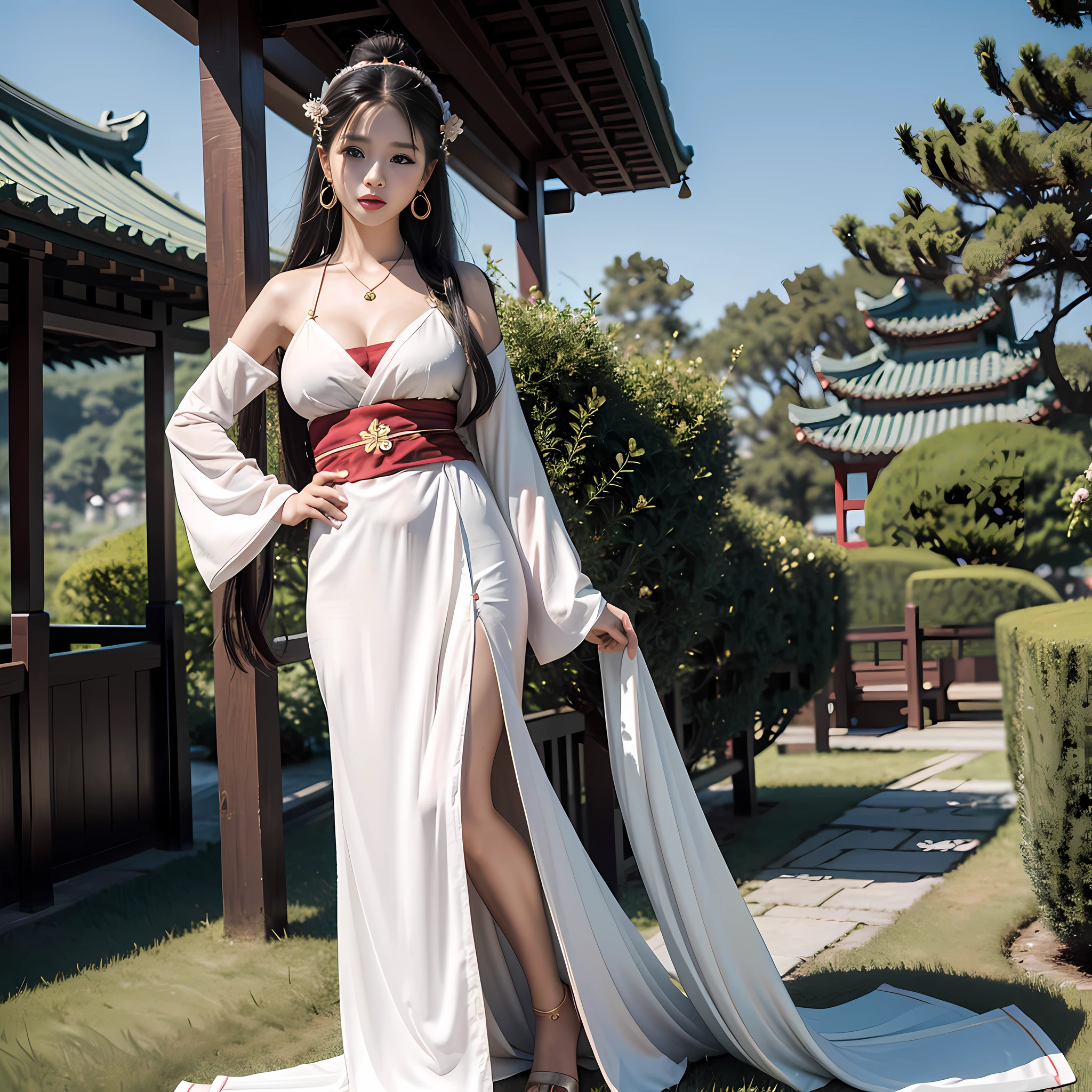 1girl, wearing Hanfu, lotus leaf, best quality, master, (full body: 1), highres, pretty face, hair accessories, (big breasts: 1) (solo: 1), looking at viewer, lips, dress, heal order , necklace, jewelry, (ridiculous long hair: 1.4), earrings, Hanfu, architecture, East Asian architecture, Hanfu, (fidelity: 1.5), super high resolution, best quality, blushing with shame, hair strands, behind arms, (expressive hair: 1.4) , perfect body proportions,