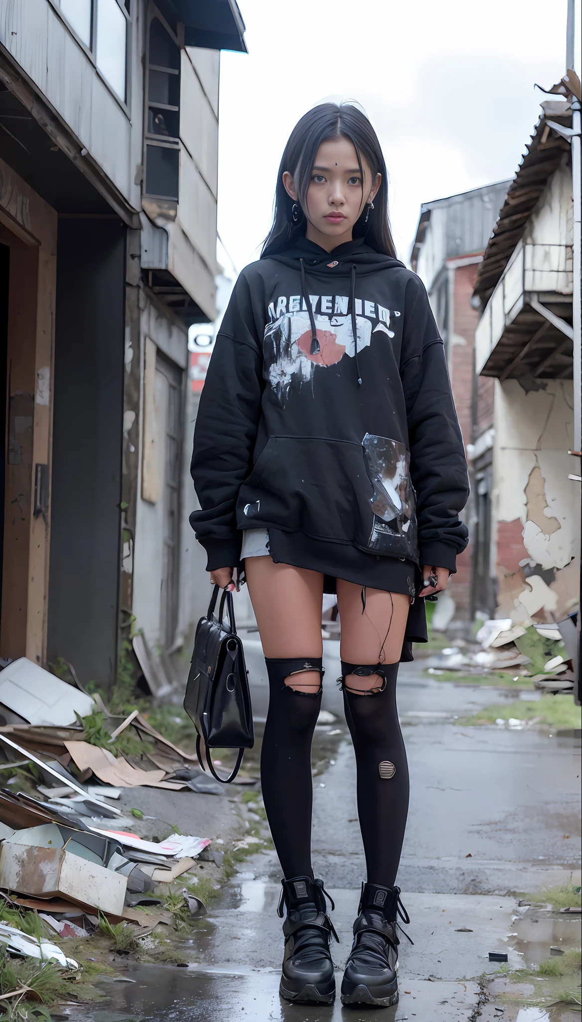 Full body display, original photos, ultra-realistic, (masterpiece, 8k UHD, HDR, extremely detailed, intricate details, best quality, professional, dark colors), wasteland world, broken clothing, lots of stains and wounds on the body::, lots of stains and wounds on the body::A futuristic maiden who sells her body by a cyborg, no socks, broken clothes::, unhappy expression, sad and innocent expression, apocalyptic world, plague, ruined buildings, abandoned vehicles, Mechanical modifications, waste reuse, broken clothing and violent scenes. Dull tones, rusty surfaces, messy textures and waste, dark black tones