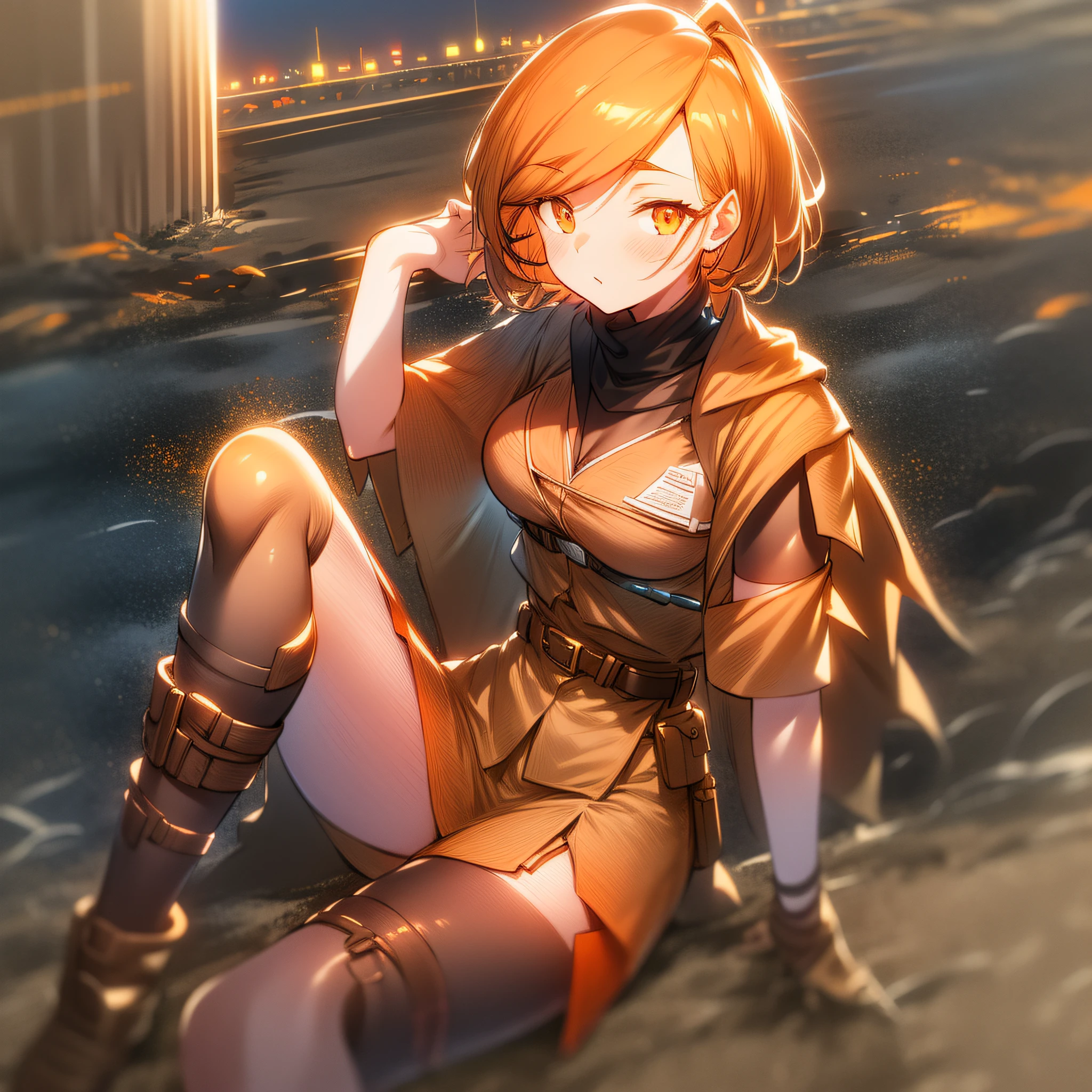 orange eyes light,richly faded light orange hair, anime 1girl, khaki t-shirt, khaki skirt, brown military boots, pouch on the waist belt, khaki bikini, "black tights", "dark_orange knee pad on right leg",( night city:1.4), black long cloak, (good hand:1.5 ) good legs, (Good face: 1.5), 1girl