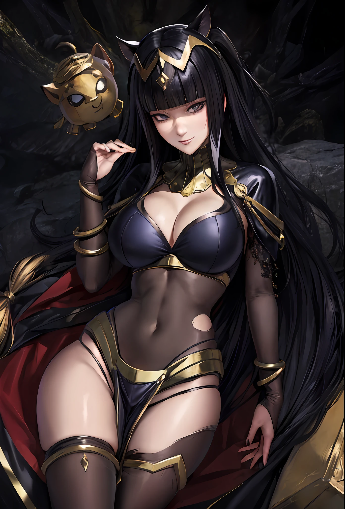 ((masterpiece:1.2)), best quality, ((extreme detail)),(ultra-detailed), anime screencap, extremely, detailed, CG, 3d, unity, 8k, wallpaper, blunt bangs, hime cut, ankha, ankha(animal crossing), tharja, tharja(fire emblem), black hair, long hair, (large breasts), gold loincloth, gold-lined bodystocking, gold hairband, gold collar, ((torn clothes)), lying, hand to own chin, looking at viewer, dark aura, dark energy, black magic, wide hips, (((official art))), (half closed eyes), (full body view), ((large breasts)), ((grin)), thick thighs,