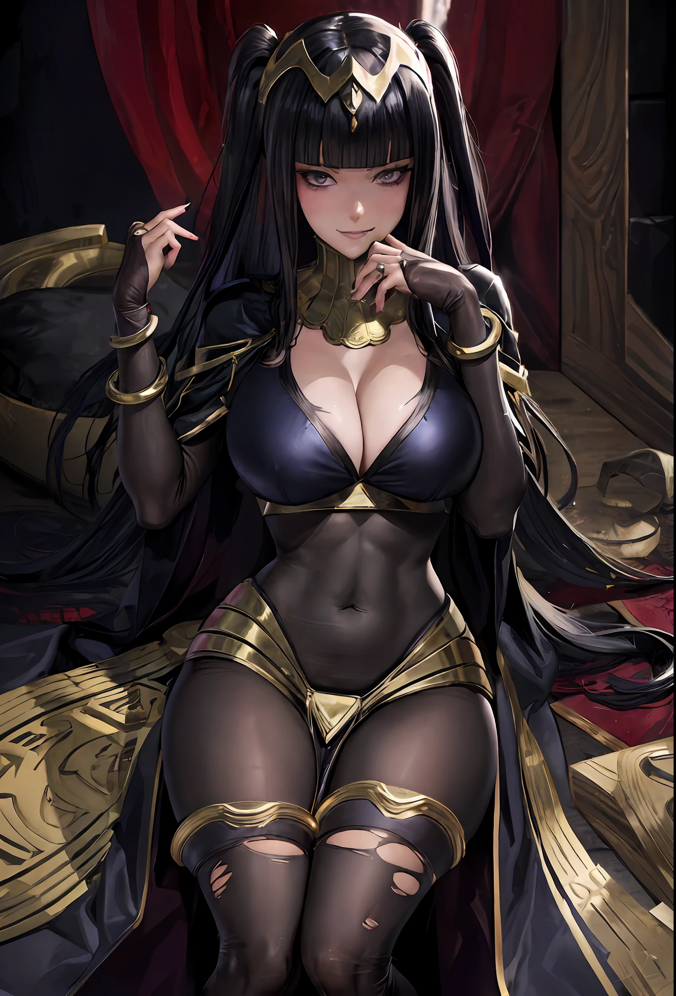 ((masterpiece:1.2)), best quality, ((extreme detail)),(ultra-detailed), anime screencap, extremely, detailed, CG, 3d, unity, 8k, wallpaper, blunt bangs, hime cut, ankha, ankha(animal crossing), tharja, tharja(fire emblem), black hair, long hair, (large breasts), gold loincloth, gold-lined bodystocking, gold hairband, gold collar, ((torn clothes)), lying, hand to own chin, looking at viewer, dark aura, dark energy, black magic, wide hips, (((official art))), (half closed eyes), (full body view), ((large breasts)), ((grin)), thick thighs,