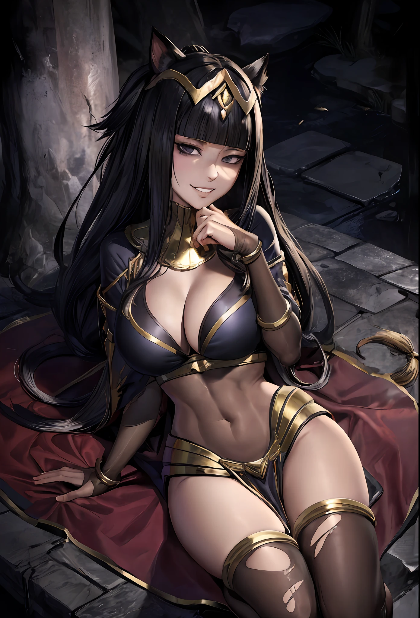 ((masterpiece:1.2)), best quality, ((extreme detail)),(ultra-detailed), anime screencap, extremely, detailed, CG, 3d, unity, 8k, wallpaper, blunt bangs, hime cut, ankha, ankha(animal crossing), tharja, tharja(fire emblem), black hair, long hair, (large breasts), gold loincloth, gold-lined bodystocking, gold hairband, gold collar, ((torn clothes)), lying, hand to own chin, looking at viewer, dark aura, dark energy, black magic, wide hips, (((official art))), (half closed eyes), (full body view), ((large breasts)), ((grin)), thick thighs,