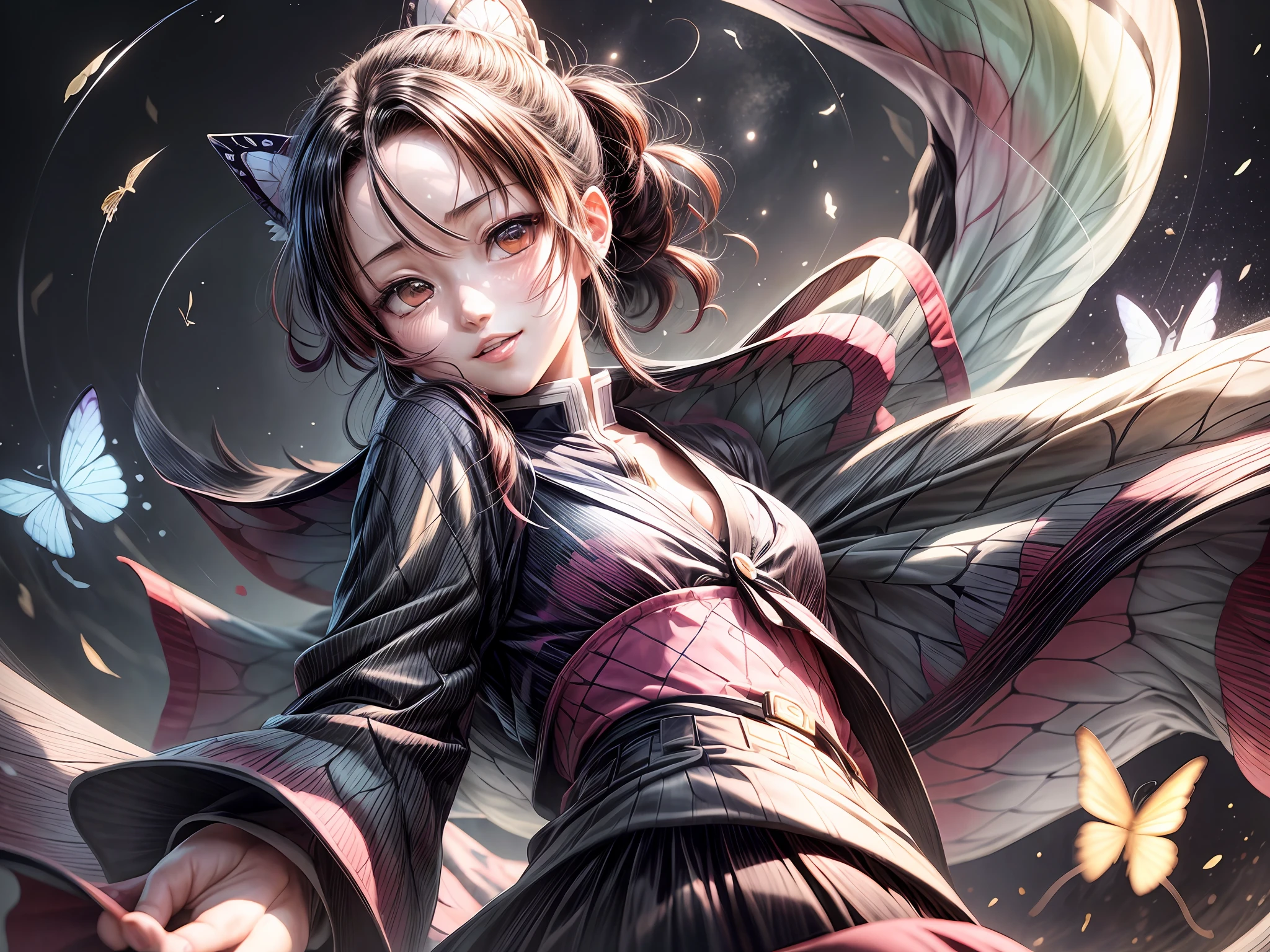 shinobu, Kimetsu no Yaiba manga, 1 girl, smile gently, play with butterflies, dynamic angle shot, ultra detailed, ((hyper realistic)), glittering, moon light, RAW photo, full shot, wide shot
