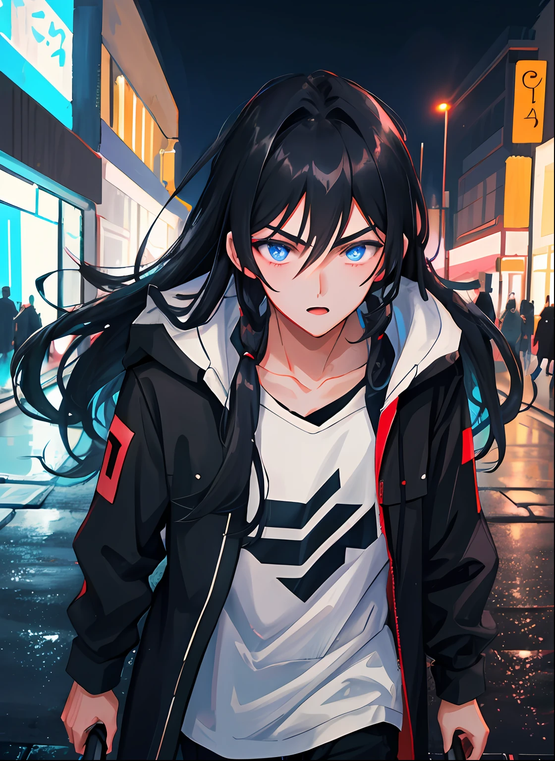 (best quality), a 20-year-old boy with black and half long hair,1 person, with a black coat, red gloves, walking the streets, illuminated night, wet street, depth of field, anime style, blue eyes, detailed face (perfect face), serious