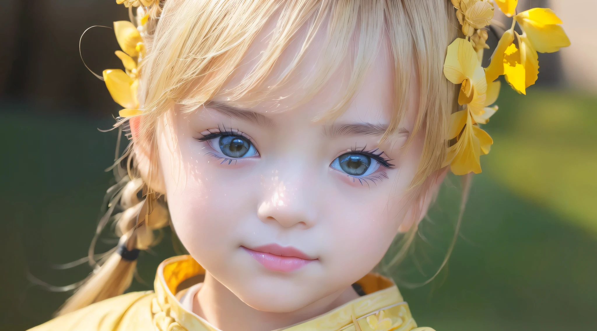(ultra high res, photorealistic, realistic, best quality, photo-realistic), (highly detailed skin, visible pores), (real person, photography), (((yellow hanfu, Chinese style)))), realistic, YELLOW background, upper body, (8k, raw photo, best quality, masterpiece), (1 girl RUSSIAN BLONDE CHILD PORTRAIT ), photon mapping, radiosity, physics-based rendering, automatic white balance, ((haunting smile, long hair)), watery eyes, (blush|cute and playful|lovely|thin|thick bangs|beauty|twintail|hair bun,),(looking at the viewer),(irises and pupils are rounded,pupil reflects the environment,eyes are not the same size),