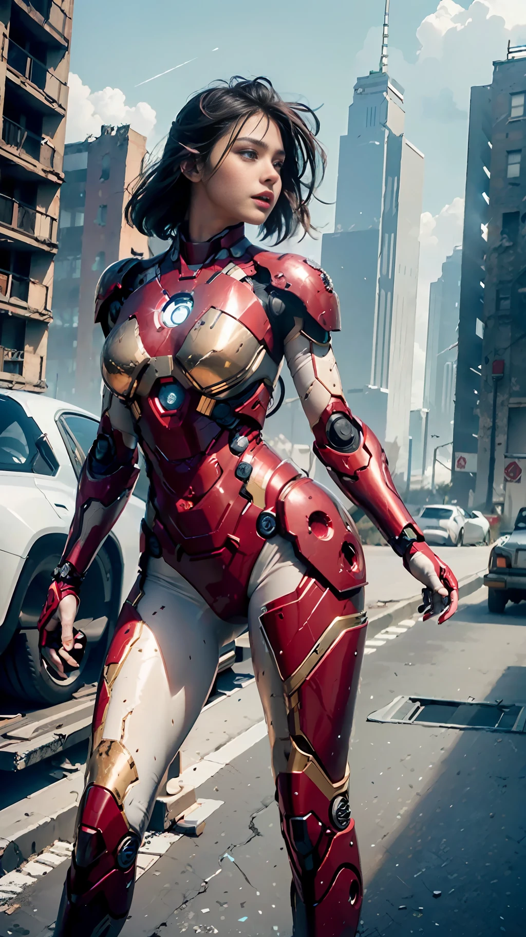 RAW, Masterpiece, Ultra Fine Photo,, Best Quality, Ultra High Resolution, Photorealistic, Sunlight, Full Body Portrait, Stunningly Beautiful,, Dynamic Poses, Delicate Face, Vibrant Eyes, (Side View) , she is wearing a futuristic Iron Man mech, red and gold color scheme, highly detailed abandoned warehouse background, detailed face, detailed and complex busy background, messy, gorgeous, milky white, high detailed skin, realistic skin details, visible pores , sharp focus, volumetric fog, 8k uhd, dslr camera, high quality, film grain, fair skin, photorealism, lomography, sprawling metropolis in futuristic dystopia, view from below, translucent