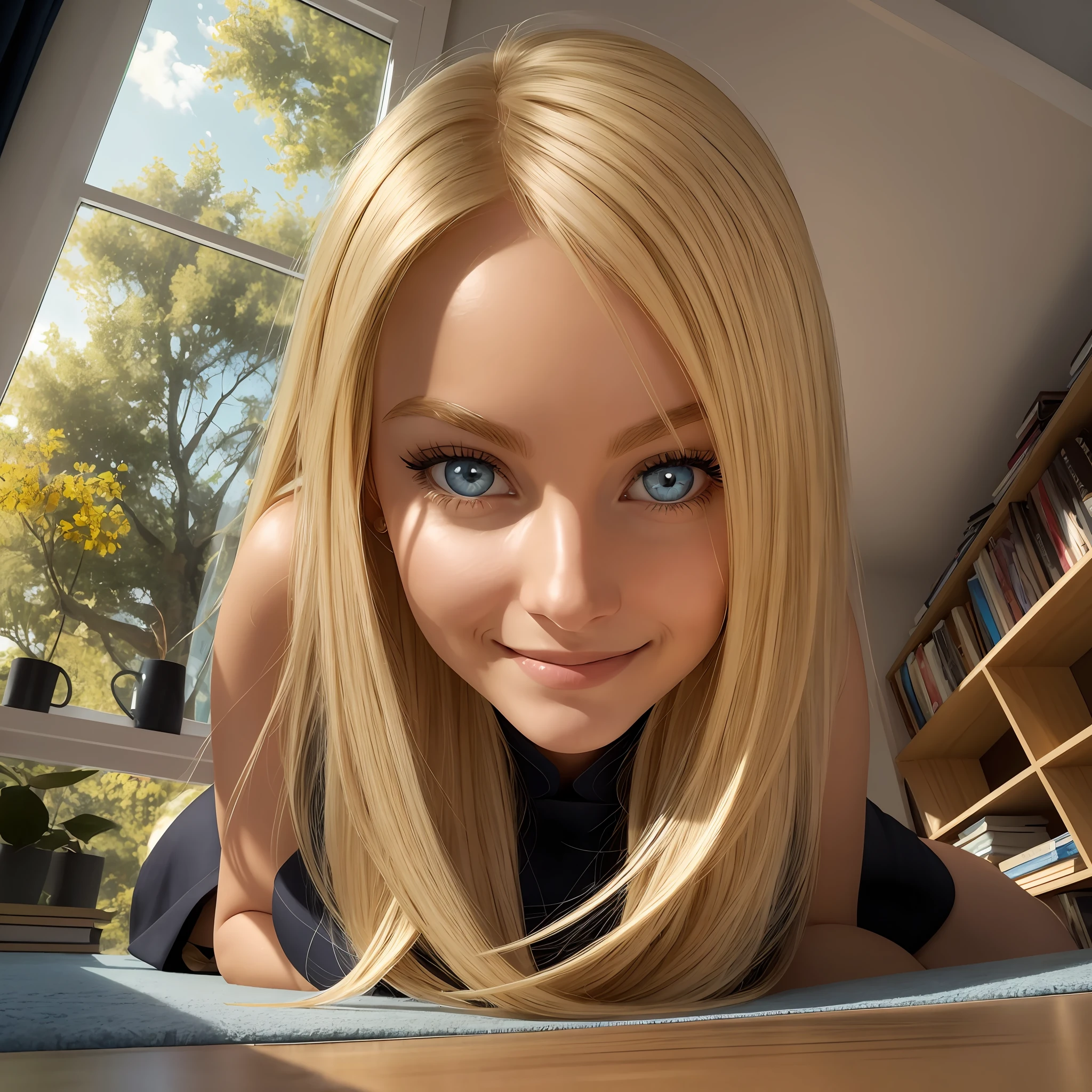 beautiful blonde woman looking down at camera, blue eyes, black dress, sweet smile, extreme low angle, extreme worms eye view, floor view, in a cozy study room, armchair and bookshelf --auto --s2