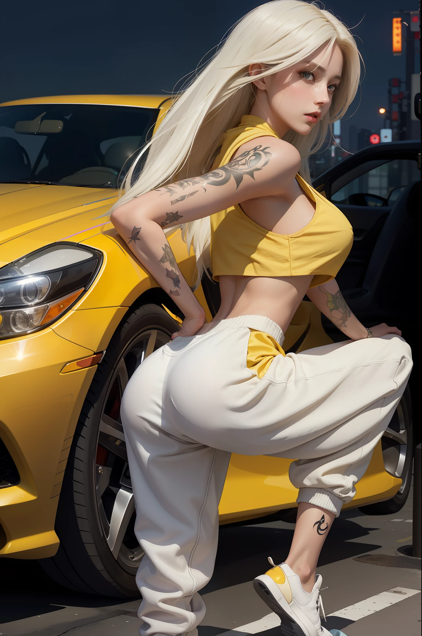 1girl, dismissive expression, bending over, leaning on the hood of yellow luxury car, looking back, rear view, car show at night, breasts, white crop top, tattoos, glossy skin, baggy sweatpants, tokyo, very long white hair, 8k, raw photo, unity wallpaper close up
