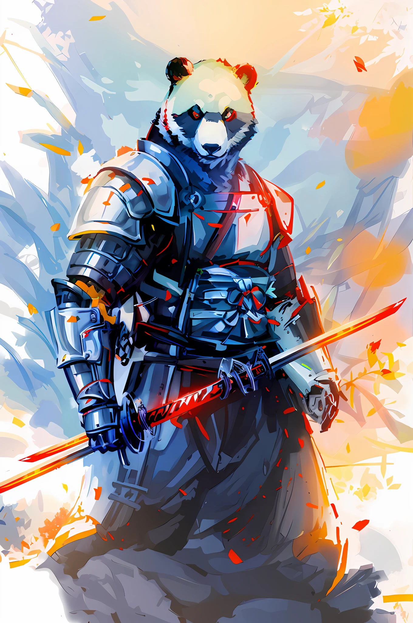 Painting a panda holding a sword in armor, anthropomorphic fierce samurai bear, 16:9 background, blood background, burning red sword, sword details, hand details, red glow, red armor details, inspired by Hongai Kano, Black Bear Samurai, Moon Bear Samurai, Voitkefoss, Panda, Rosla 1.0, inspired by Hu Zaobin, American character painting, Rose painting 2.0, Panda Panda, Bow Ashigaru