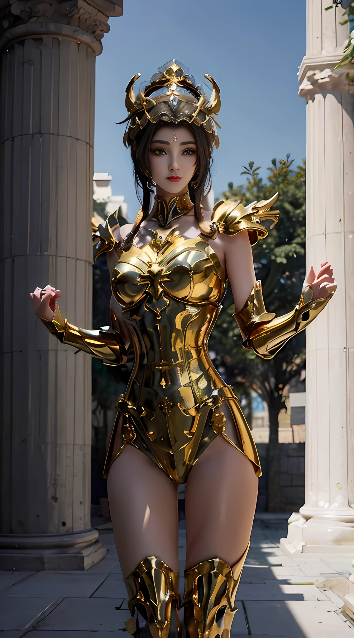 araffe dressed in gold posing in front of a column, unreal engine render saint seiya, ornate cosplay, extremely detailed goddess shot, goddess. extremely high detail, knights of zodiac girl, gorgeous goddess of leo, angelic golden armor, the sailor galaxia. beautiful, unreal engine render + a goddess, portrait knights of zodiac girl, cinematic goddess body shot, golden armor