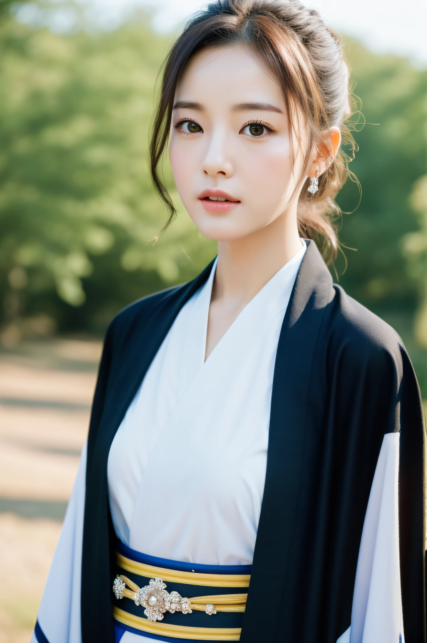 ((Best Quality, 8K, Masterpiece: 1.3)), Sharp Focus: 1.2, (Super Beautiful Face: 1.0), (Glossy Skin: 1.0), Realistic Photos, Black Hair, Realistic Pupils, Movie Lighting, Highly Detailed Eyes and Faces, Movie Lighting, (Cowboy Shot: 1.0), (Kimono, Hakama, Obi: 1.15), In Nature, (Korean Cute Actress)