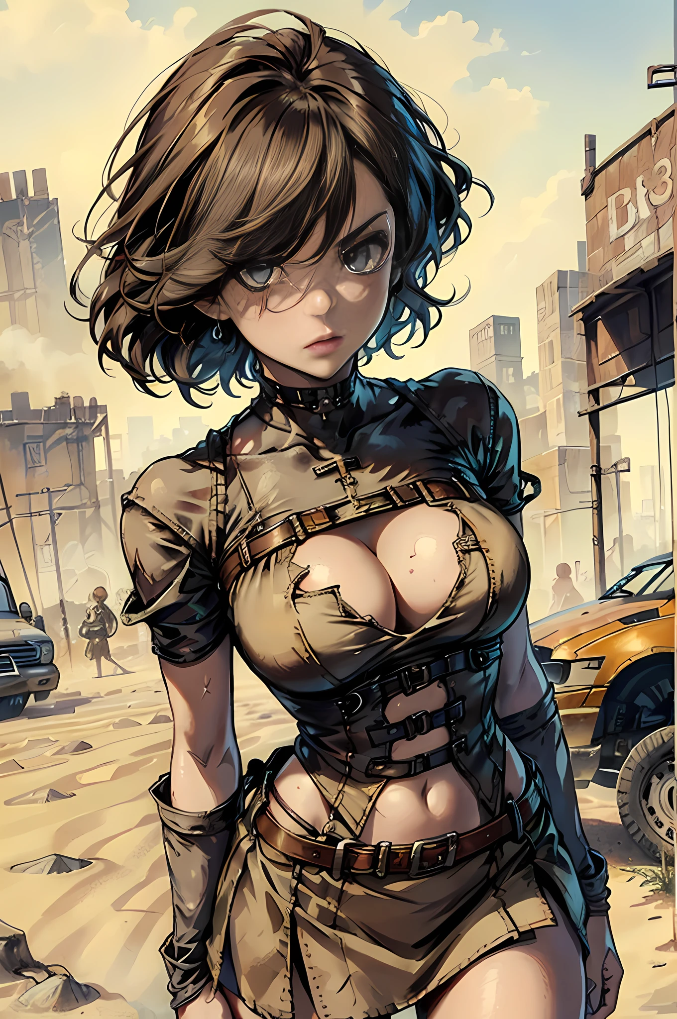 Wasteland Punk, ((Realistic lighting, Best quality, 8K, Masterpiece: 1.3)), (Clear focus: 1.2), 1girl, (Perfect Body Beauty: 1.4), (Slim Abs: 1.1), ((Dark Brown long Hair, Huge-Breasts: 1.3)), (Black cleavage cut-out tight shirt: 1.4), (short skirt:1.3), intricate clothes, detailed clothes, (Outdoor: 1.1), (luined MadMax sand area background:1.2), sand, inspiration from madmax, Super Fine Face, Fine Eyes, Double Eyelids, Exposed cleavage, seductive cleavage, attractive cleavage, perfect anatomy, 8.5 life size, beautiful heroine face:1.2, human detailed body, looking up the viewer, facing the viewer, character focus, leaning forward, crossed legs, from below, low angle, gravure photo portrait,
