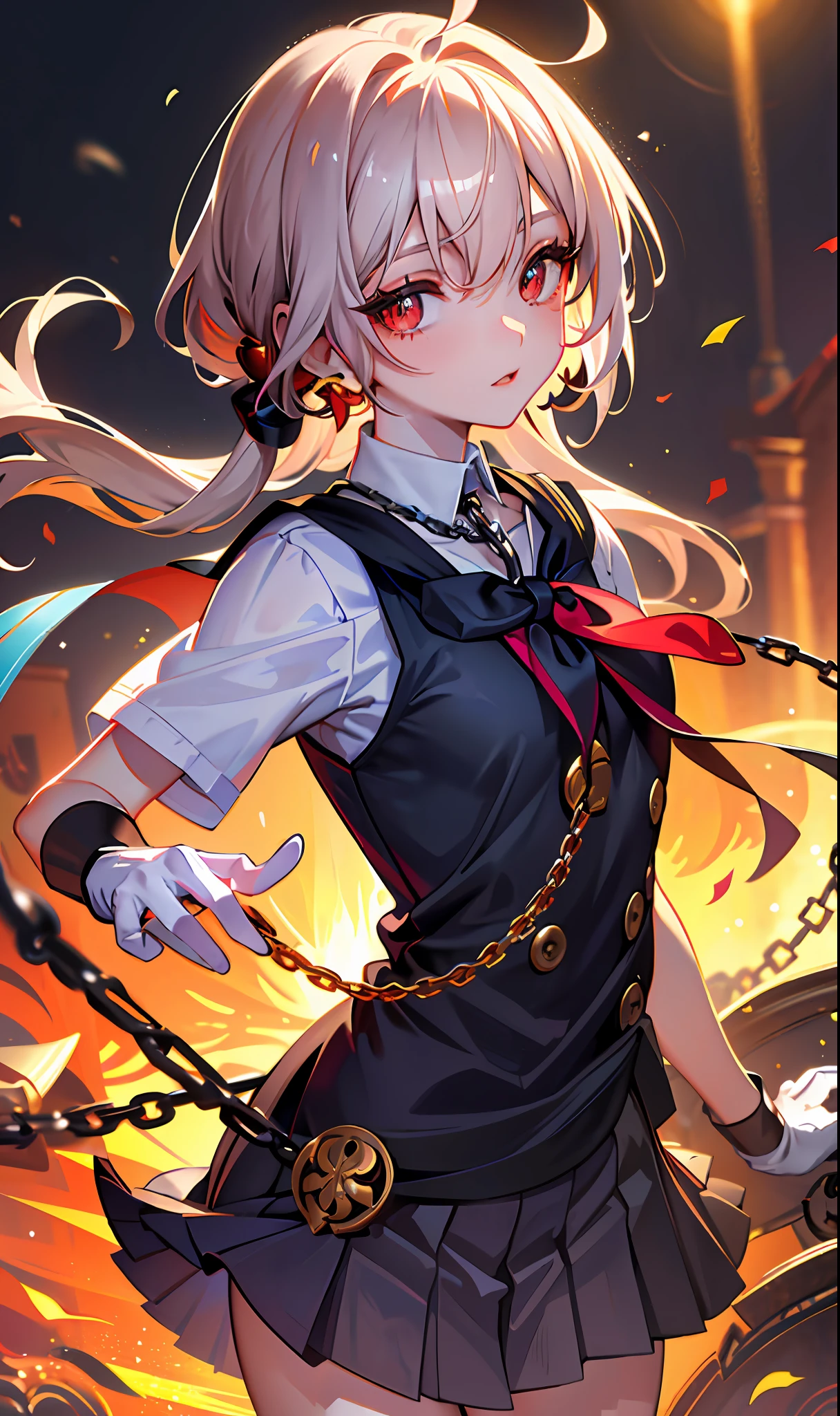 (Masterpiece, Side Light, Fine Beautiful Eyes: 1.2), (Masterpiece * Portrait), Portrait, (Bust), Realistic, Anatomically Correct, 3D Face, Sweet Skin, (Solo), Highlights, Gradient Hair, (Close-up of Face), Cute Face, (Fire Opal General Scarlet Eyes), Hanging Corner of the Eye, ((High Detail Skin, Visible Pores)), (Perfect Figure), A Beautiful Girl, Small Tits, ((meiji_schoolgirl_ uniform)), (neck ring), very, very short short gloves, (chain)