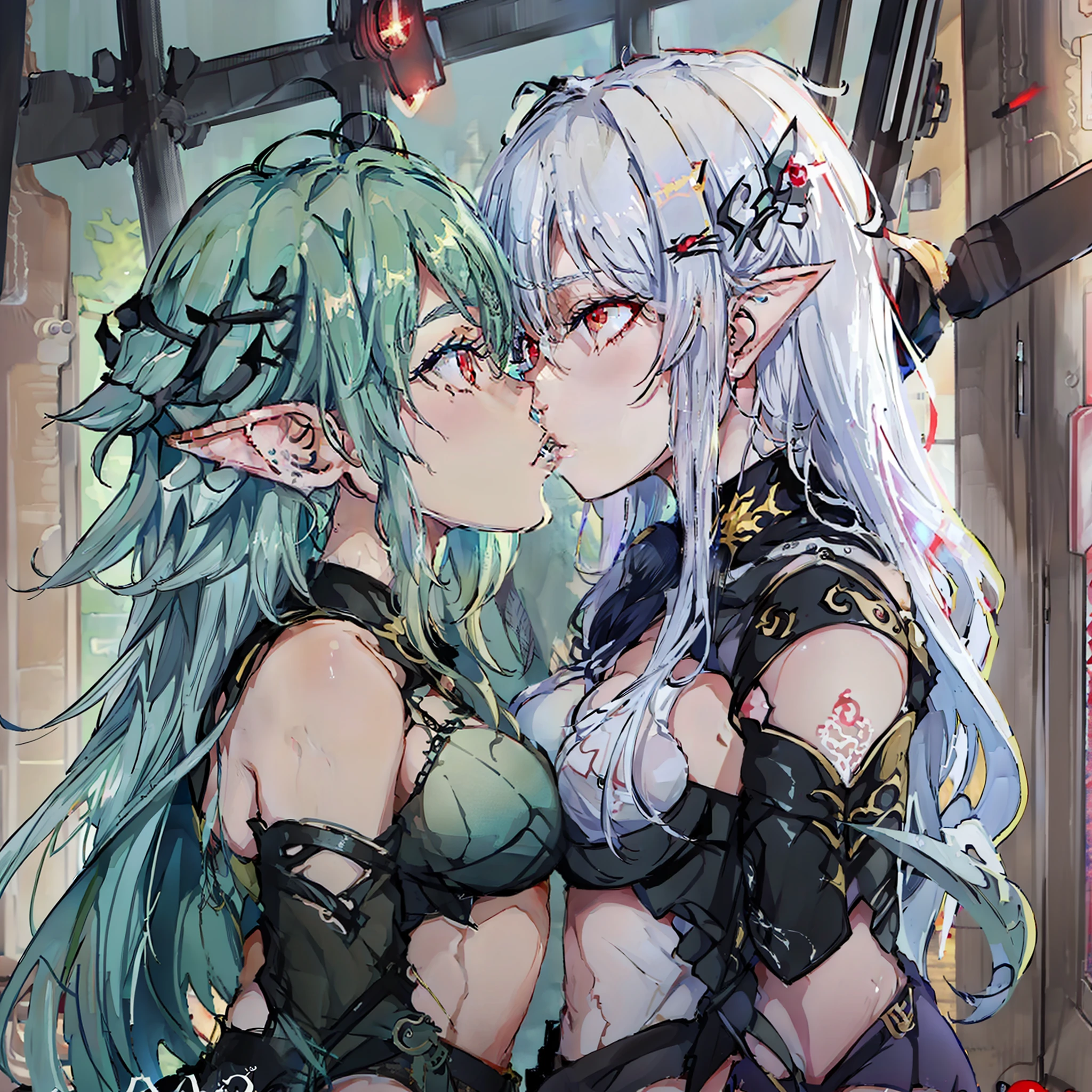 2 girls close-up, elf, silver hair, red eyes, kiss, concept art, beautiful anime scene, beautiful anime landscape, top rated on pixiv, best quality, 4K