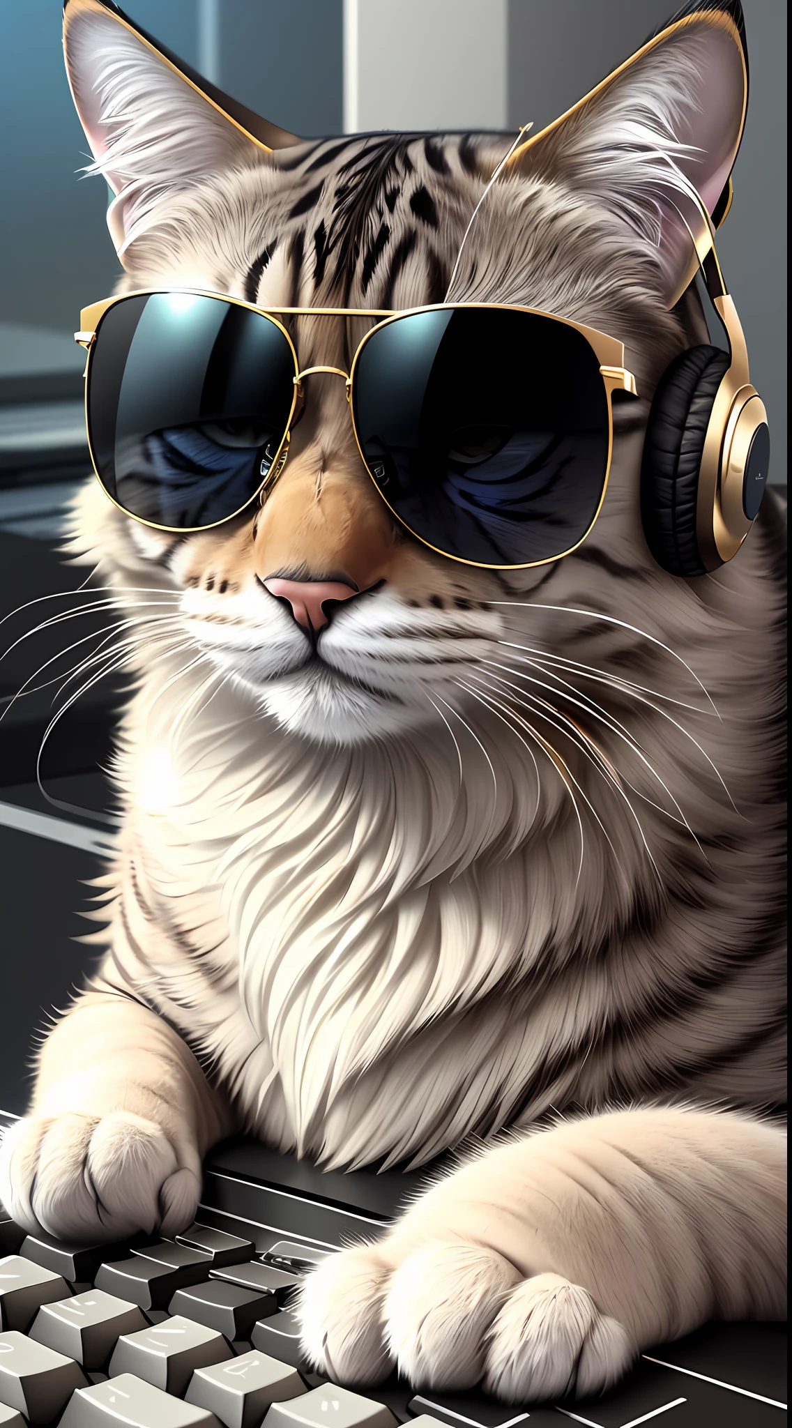 Photorealistic, masterpiece, best quality, 8k, ArtStation, sharp focus, ultra-realistic, high details, cool fluffy cat wearing sunglasses and headphones, tapping on the keyboard of the laptop --auto --s2