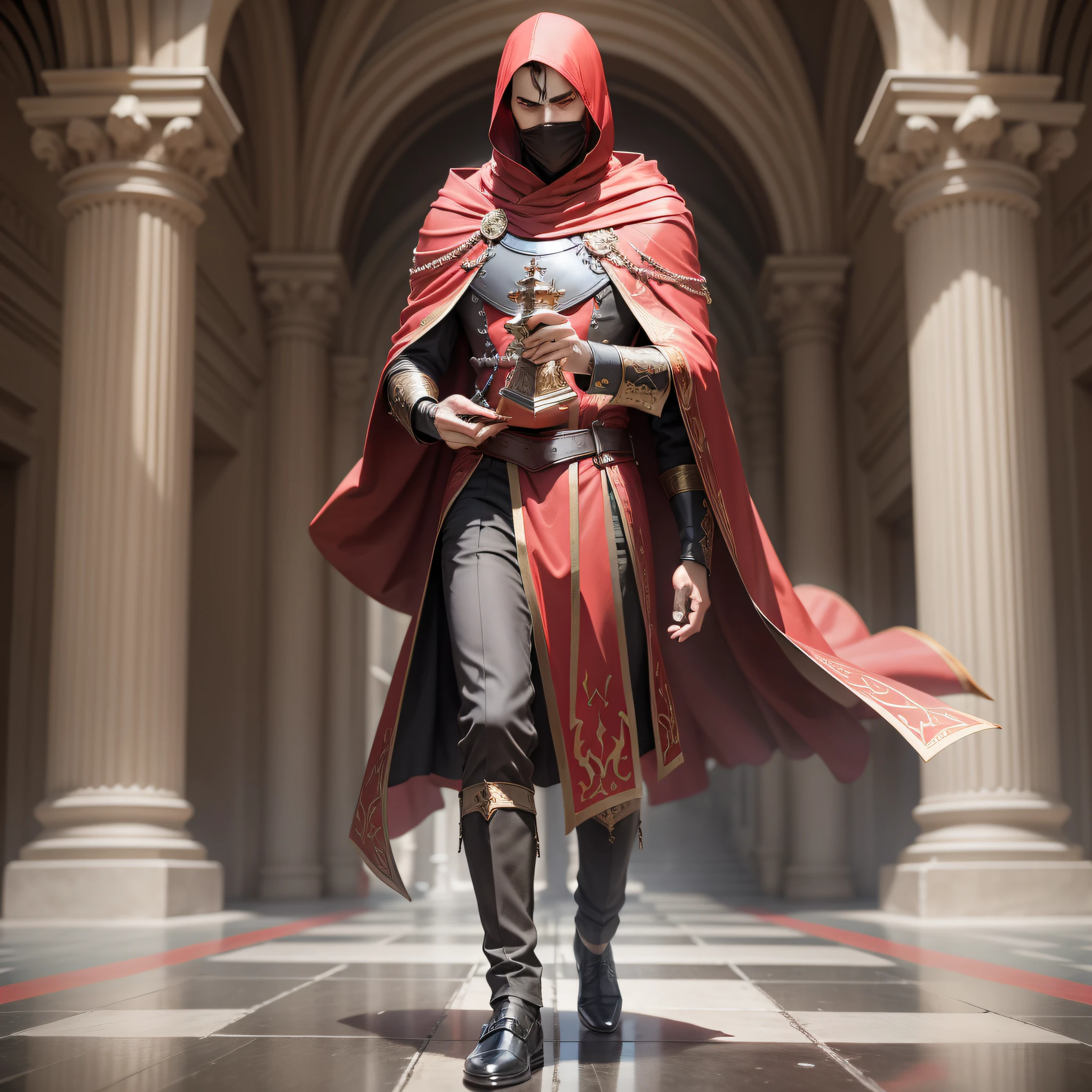 A man in a crimson cloak, frontal, chess in one hand, chess glowing with light, heaven and earth, no face, walking on the road, 2 hands, correct face, delicate facial features