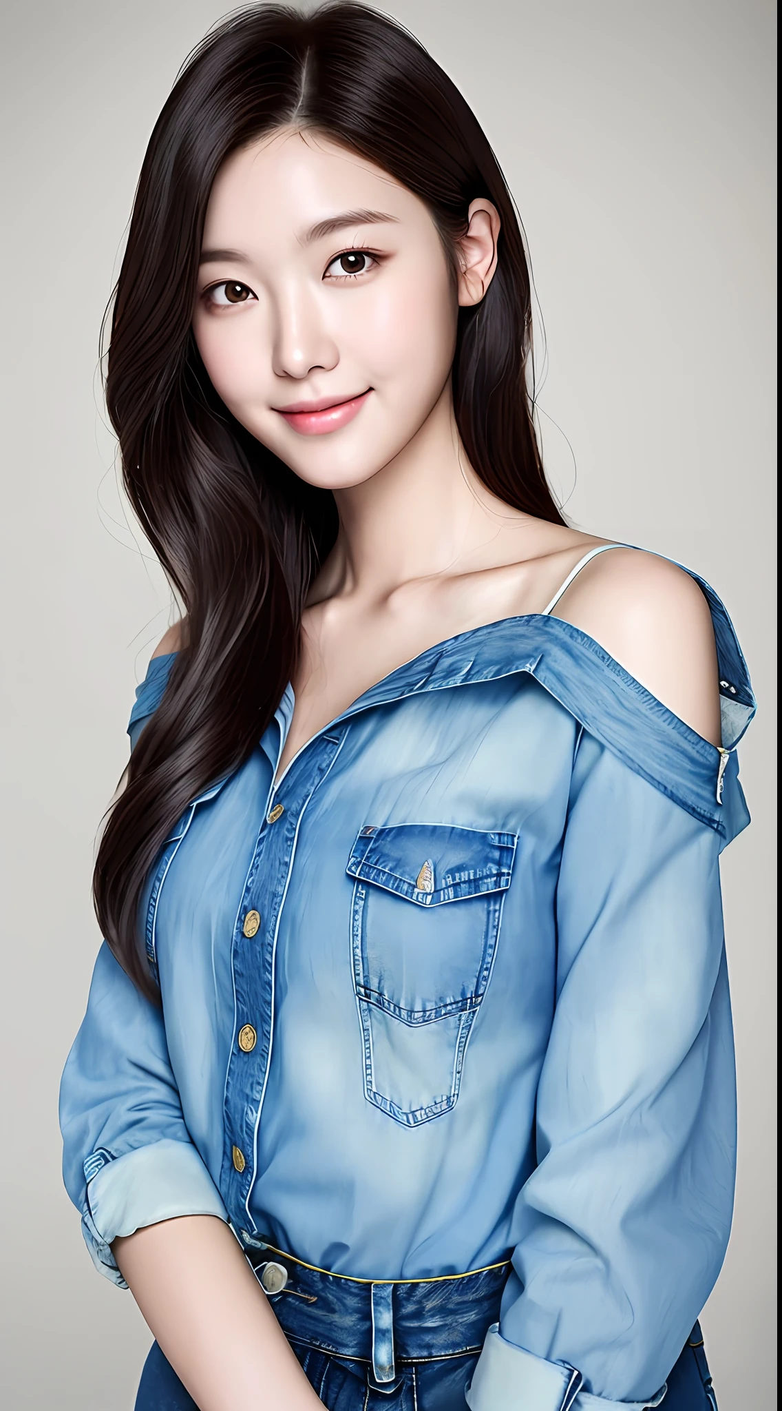 realistic photos of cute Korean star female Shoulder-length hair, thin makeup, medium breasts size, slightly smile, denim shirt, flower is backdrop, clear facial features, high resolution, sharp and realistic details, RAW, 16K, ray tracing, backlighting, blending, UHD, masterpiece, high details, white shirt