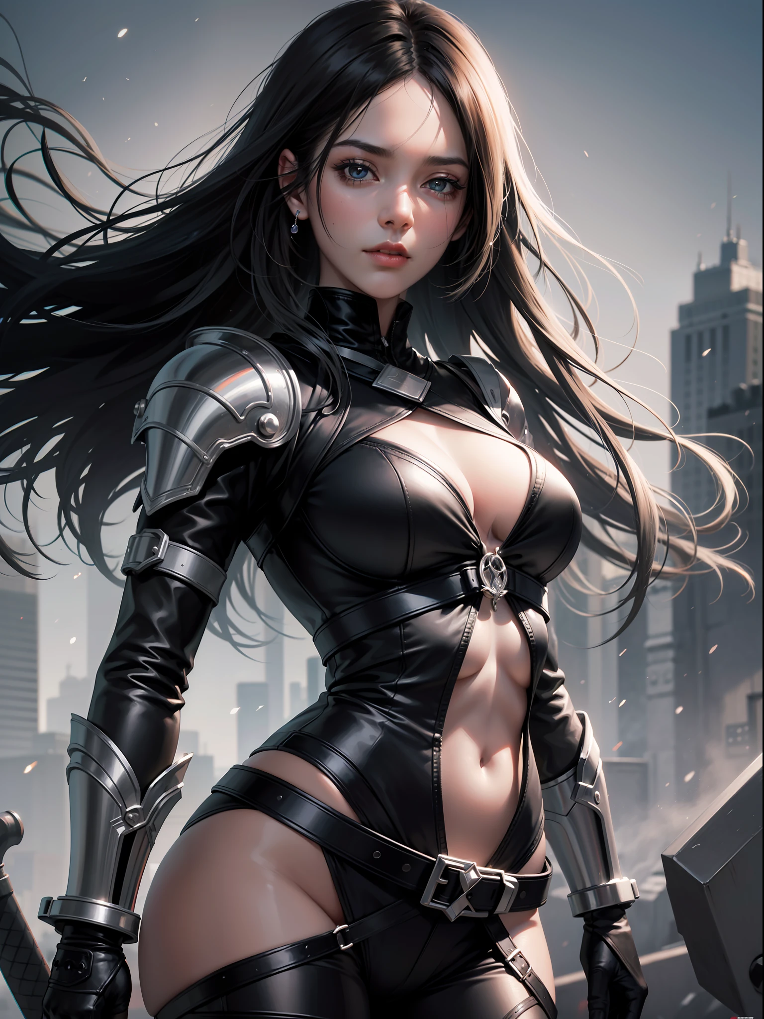 hyper-realistic, pure black, jet black, dark, beautiful, deep, woman, black world, beautiful light, high definition, fine detail, precise, precise, mysterious, magnificent, sword, illustration