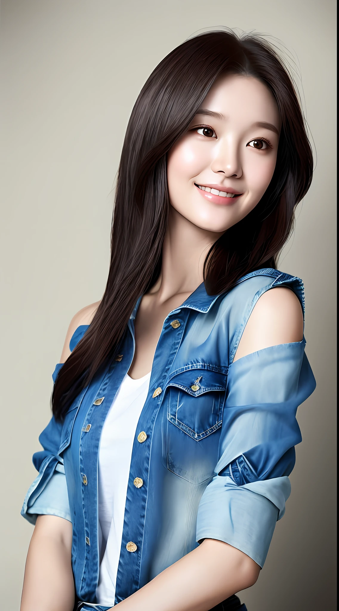 realistic photos of cute Korean star female Shoulder-length hair, thin makeup, medium breasts size, slightly smile, denim shirt, flower is backdrop, clear facial features, high resolution, sharp and realistic details, RAW, 16K, ray tracing, backlighting, blending, UHD, masterpiece, high details, white shirt