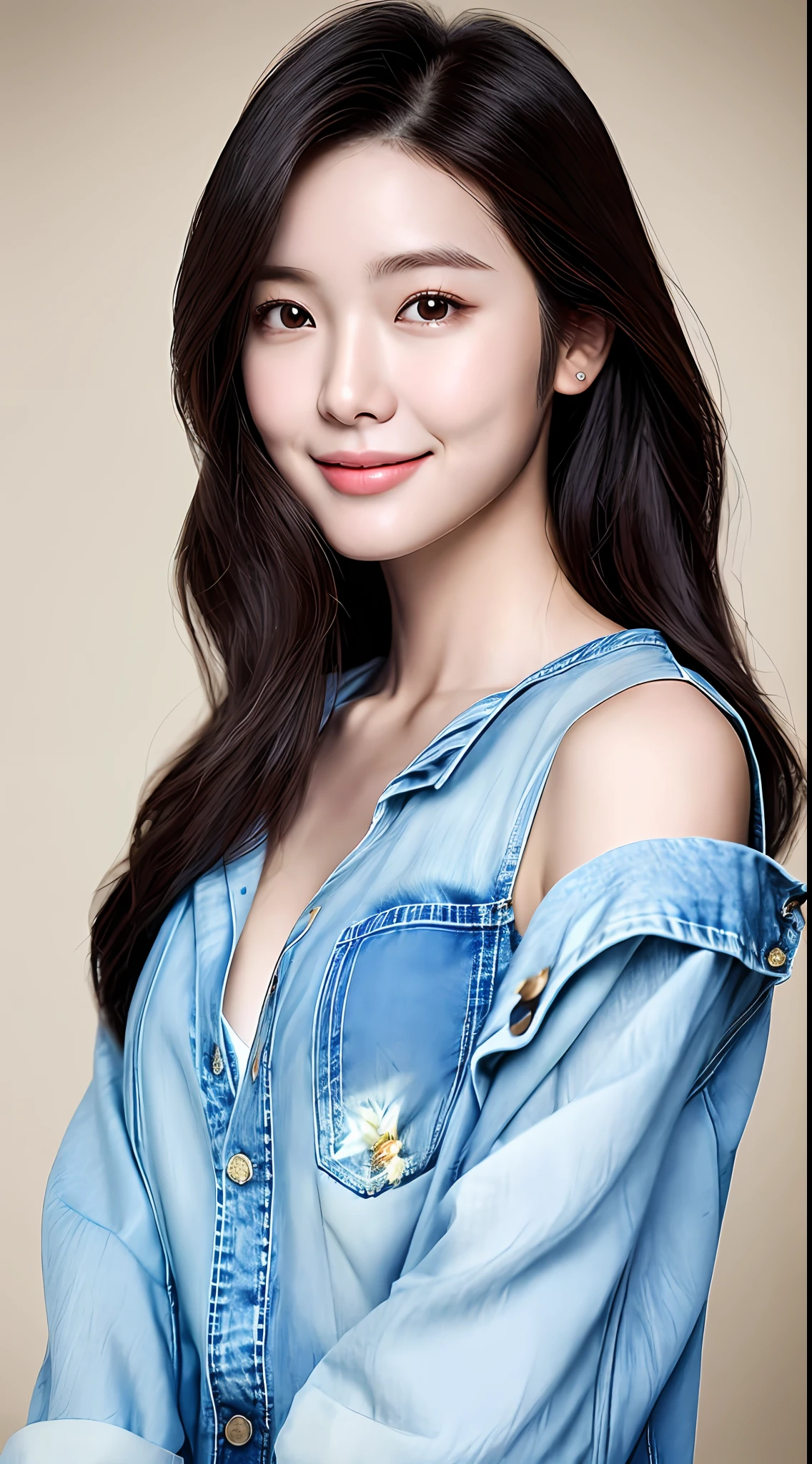 realistic photos of cute Korean star female Shoulder-length hair, thin makeup, medium breasts size, slightly smile, denim shirt, flower is backdrop, clear facial features, high resolution, sharp and realistic details, RAW, 16K, ray tracing, backlighting, blending, UHD, masterpiece, high details, white shirt