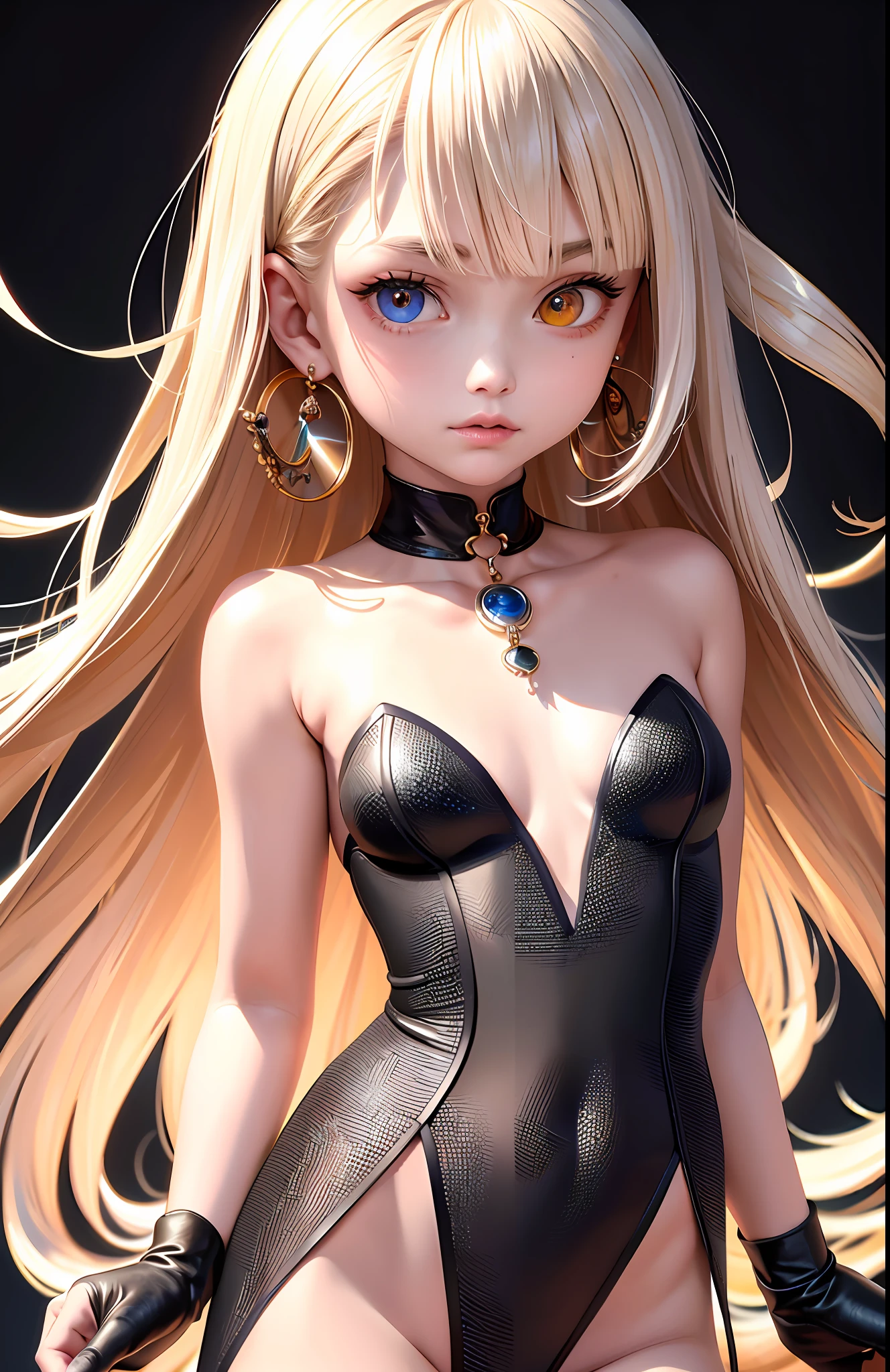 Best, Masterpiece, High Resolution, Best Quality, Ultra HD, Super Detail, Award-Standing, 16k, Solo, (Upper Body), Anatomically Correct, Beautiful Maiden, Cute Face, Highlights, Gradient Beige Hair, Hair Strands, (((Heterochromia))), Long Eyelashes, Hanging Eye Corners, Fair Skin, (Small), (Slim Body), ((coat_dress)), Stud Earrings, (Neck Rings), Very, Very Short Gloves