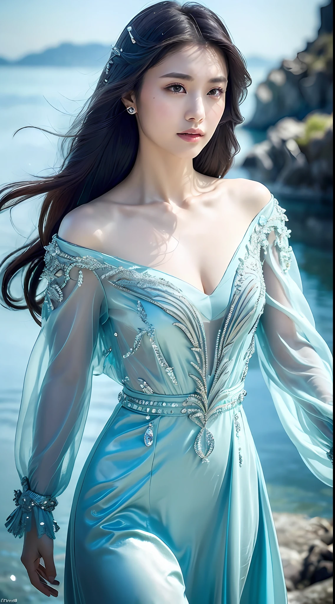 (Masterpiece, Top Quality, Best, Official Art, Beautiful and Aesthetic, Long Exposure: 1.2), Smooth Movement, Charming Patterns, 1 Girl, (No Cleavage: 1.4), (Long Dress with Sleeves: 1.3) , long blue dress, (small : 1.2),  shoulders, adult Russian woman, freckles, black lob hair, portrait, solo, upper body, looking at the observer, detailed background, detailed face, (crystallineAI, crystalline theme: 1.1 ), elemental water sprite, spinning water, controlling water, diamond clothes, dynamic pose, floating particles, ethereal dynamics, water, vapor, ocean in background, blue tint, coast, ethereal atmosphere,