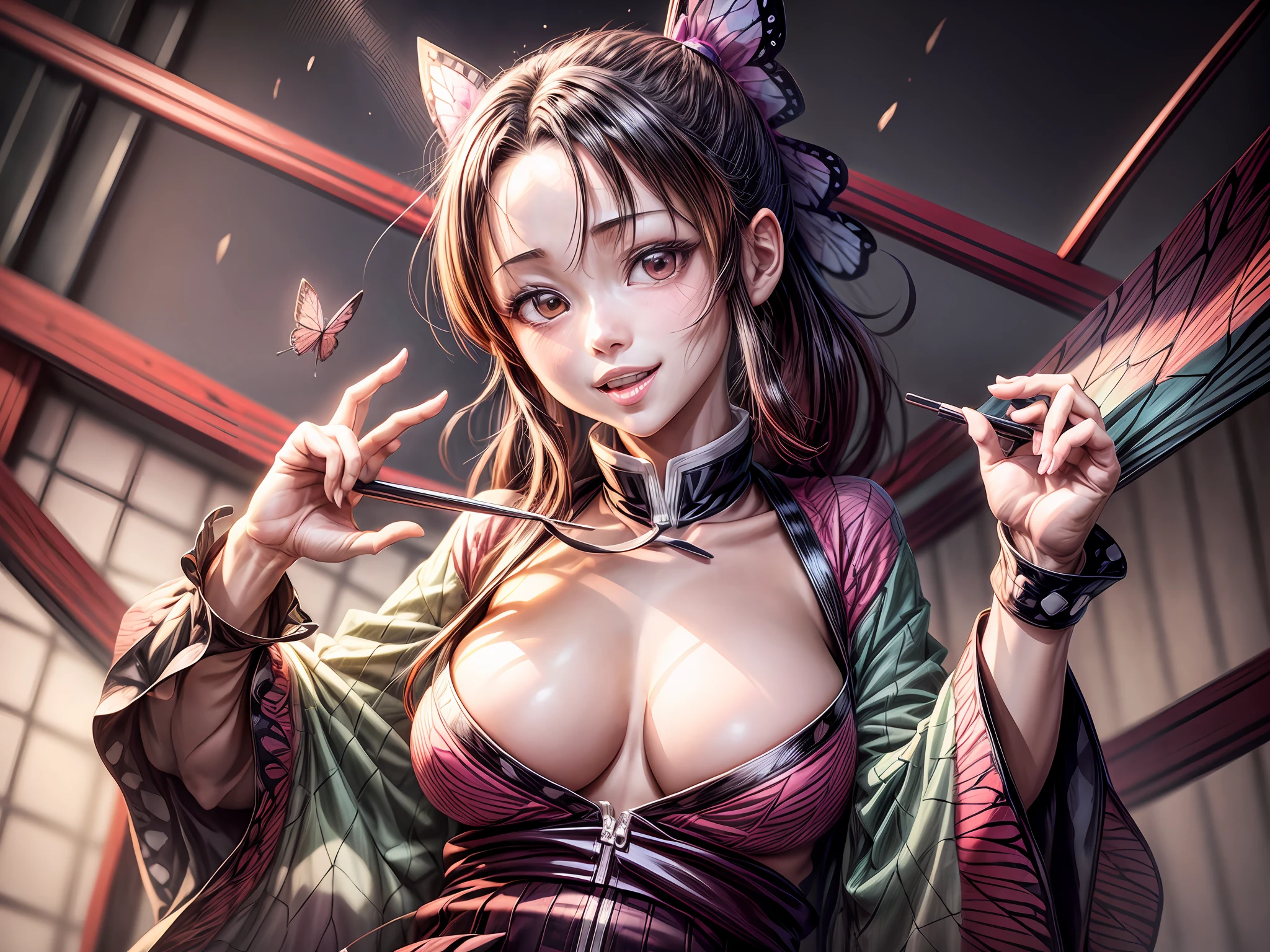 shinobu, Kimetsu no Yaiba manga, 1 girl, smile gently, play with butterflies, dynamic angle shot, ultra detailed, ((hyper realistic)), glittering, moon light, RAW photo, full shot, wide shot, sexy, big breasts