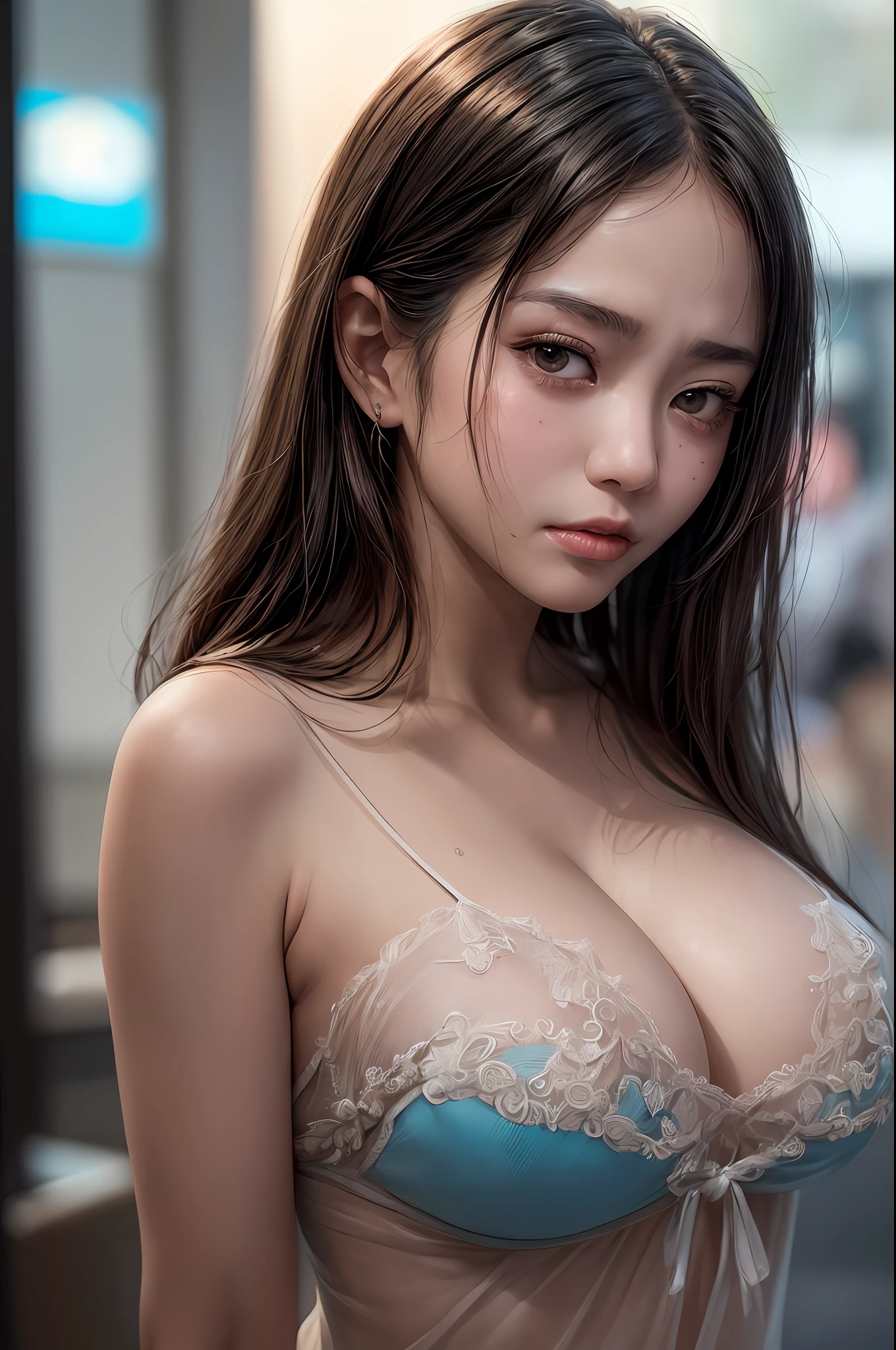 (best quality), (masterpiece), (highres), original, extremely detailed 8K wallpaper, (an extremely delicate), Best quality, masterpiece, (((disgusted and unhappy expression))), (((disgusted face, unhappy face))), angry Frown, ultra high res, (photorealistic:1.4), raw photo, street photography, photo of a Taiwanese young girl, She play with her own breasts, sweat, sweaty body, (sheer fabric:1.35)(loose:1.5)lace strapless dress, (((huge)saggy breasts)), (bare breasts), (((erect nipple))), ((areolas)), (Korean(kpop idol)), ((puffy eyes)), deep shadow, low key, cold light, deep contrast, bokeh, depth of field, below angle, low angle, (looking at viewer, softly smiling), a photo of a inside a subway, neoism, background crowds, people in backgrounds, ((upper body)), ((straight photo)), exposure blend, medium shot, bokeh, (hdr:1.4), high contrast, (cinematic, teal and orange:0.85), (muted colors, soothing tones:1.3), low saturation, (hyperdetailed:1.2), (nsfw:1.1),