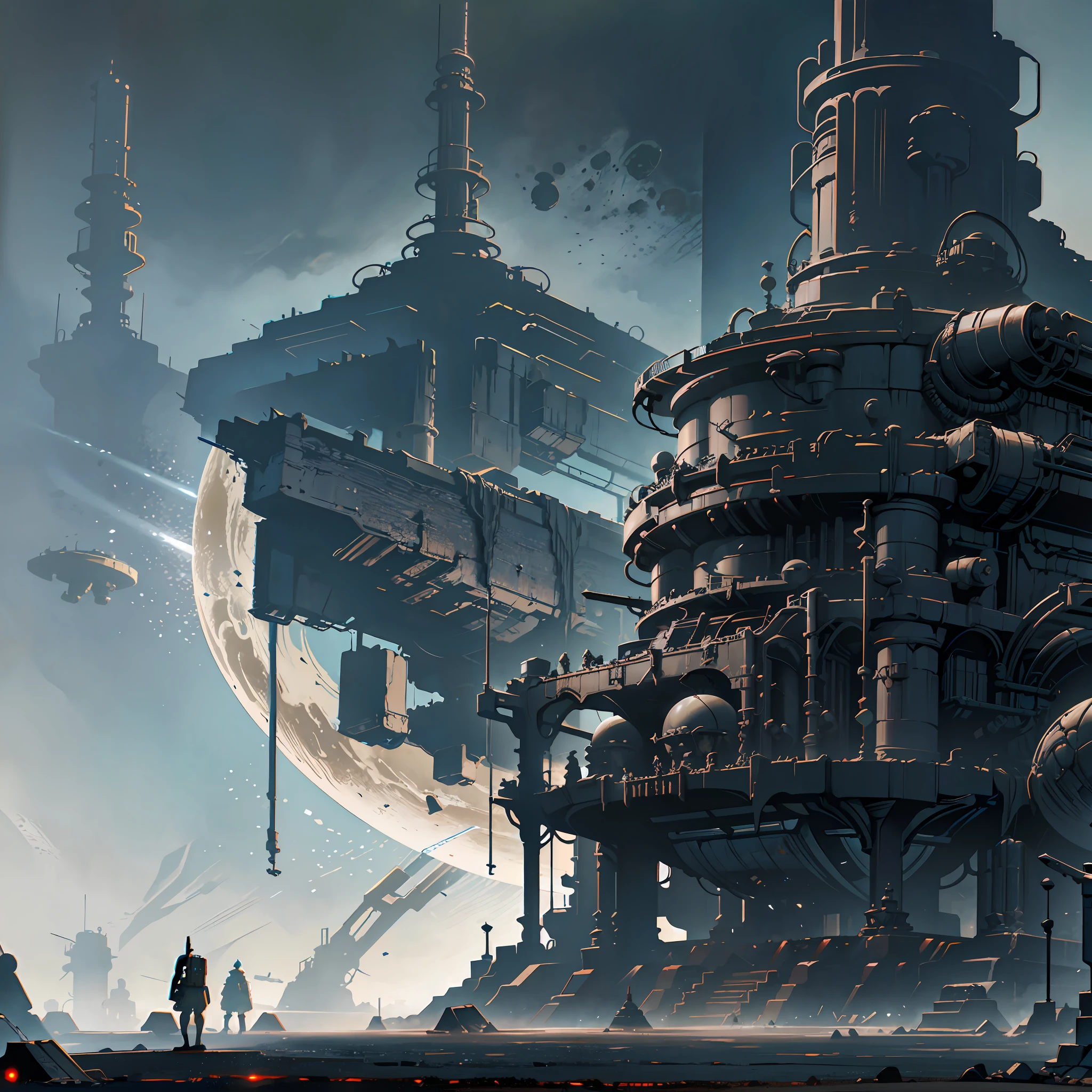 Futuristic dark landscape,saturn moons,futuristic temple design,pilgrims,cyborg, alien biodiversity,epic matte painting,concept art, Ashley wood style --s --auto