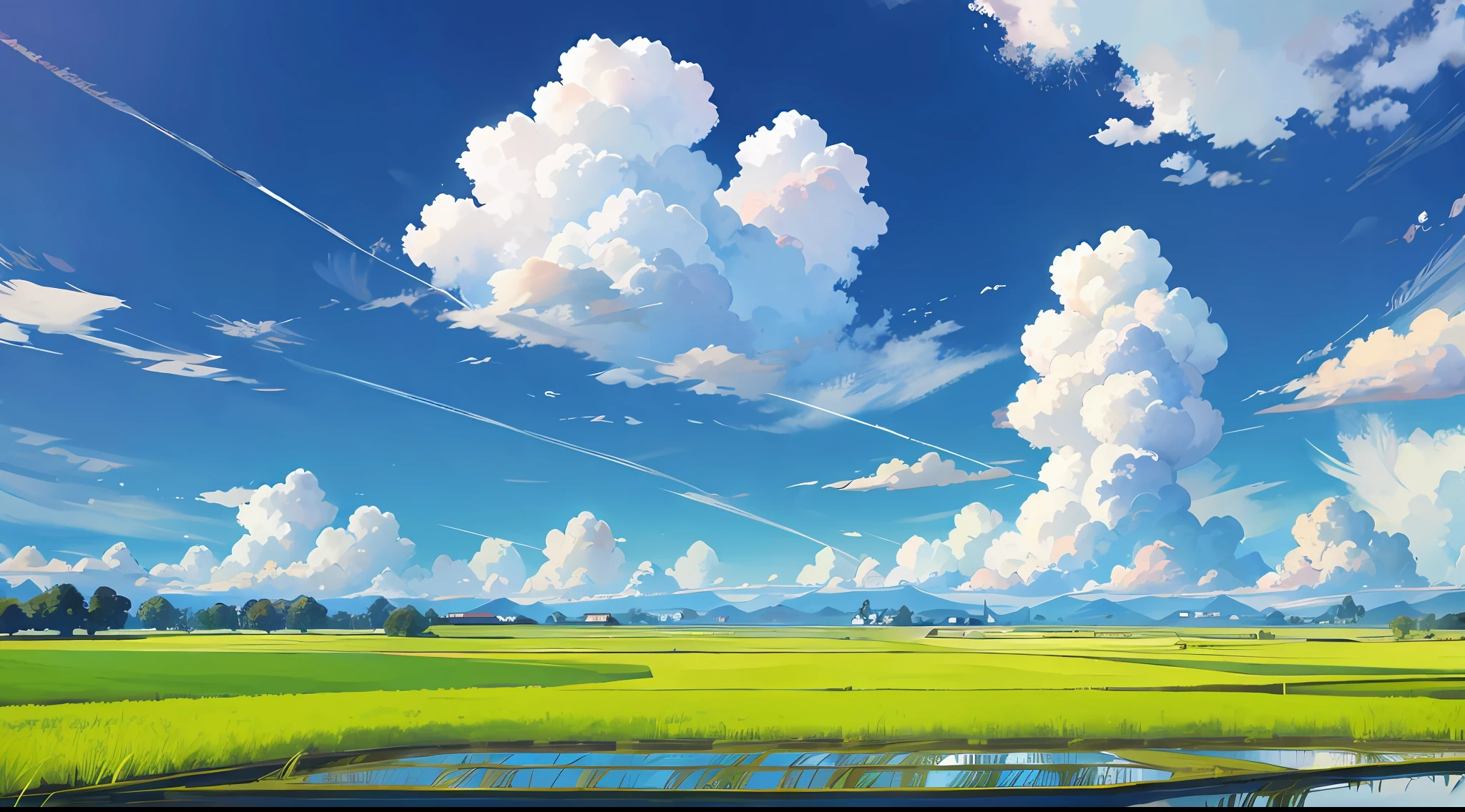 Rural revitalization, rice fields, blue sky and white clouds