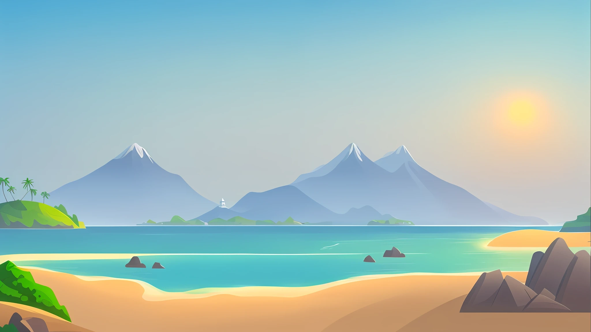 There is a beach cartoon with mountains as background, island background, seaside background, beach landscape, island in background, sea with steamer, beach background, beach in foreground, hills and ocean, calm ocean and beach background, landscape background, ocean background, natural landscape background, 2D game background, island landscape, mobile game background, coast as background