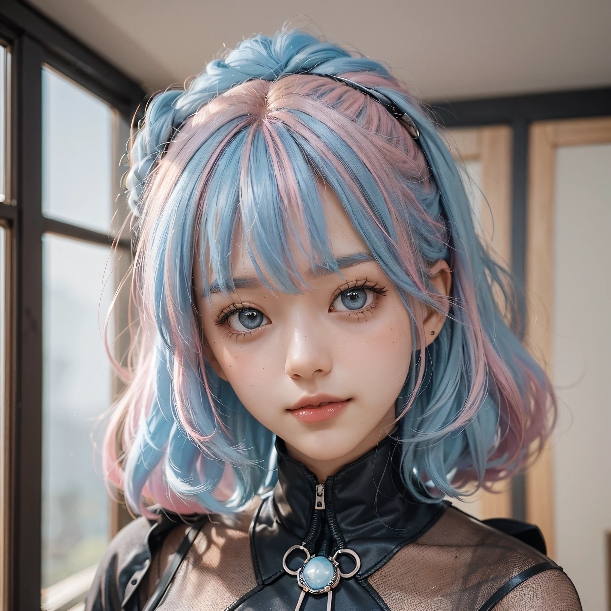 (1 beautiful girl: 2.0), (medium hair), gradient hair, (light blue hair: 1.0), (pink hair: 1.0), (brown hair: 1.0), big eyes, (brown-black eyes), shy annotation shot, Chinese, smile, casual dress, interior, modern style, (black and white interior decoration), dark background, dark, close-up, full body, sony A7 III., ((best quality))),(((ultra-detailed))),realistic.