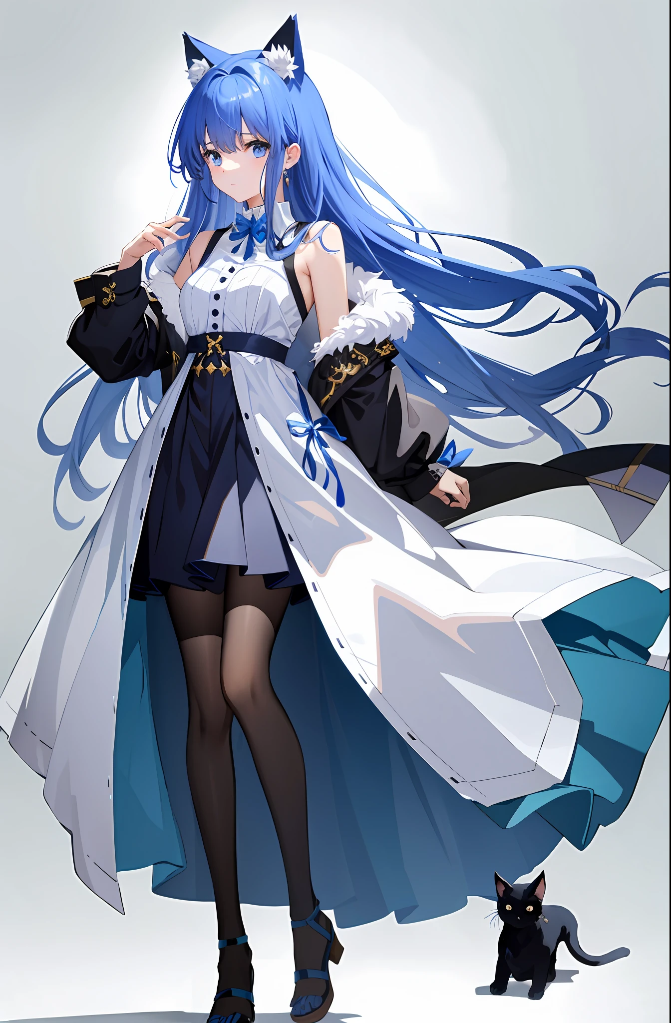 (Masterpiece), (Best Quality), (Super Detail), (disheveled Hair + Sparkling + Floating Hair), (Illustration), (One Girl), (Fashion Model + Stage Costume), Full Body, Front, Standing, Watching the Beholder, (Interview), (Simple Background), Fine and Beautiful Eyes, Delicate Beautiful Face, Focus on the Face, Blue and Pink Two Colors of Hair, Ayaka Kamisato, Best Lighting, Best Shadow, Cat Ears.