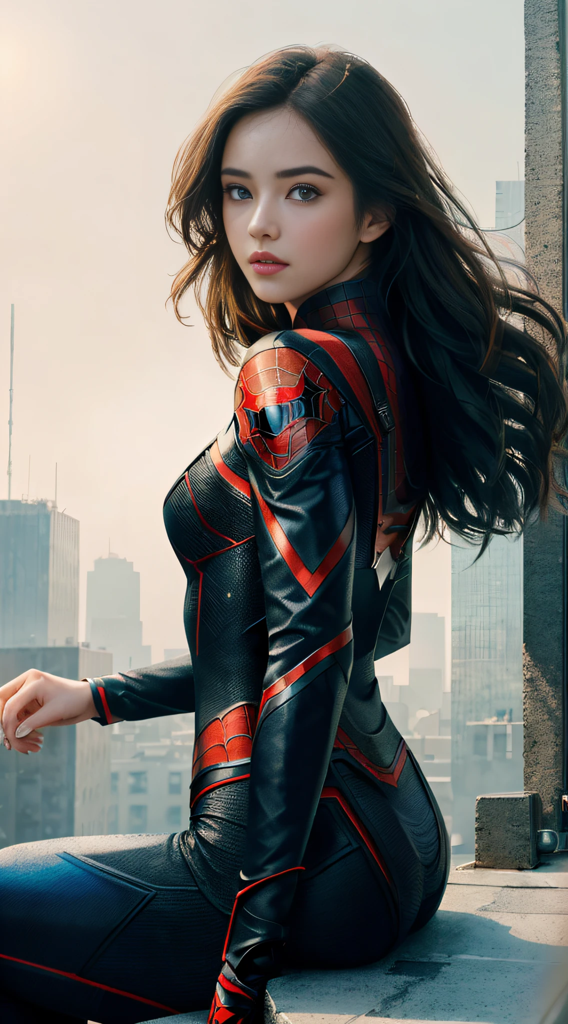 (1girl:1.3), Solo, (((Very detailed face)))), ((Very detailed eyes and face)))), Beautiful detail eyes, Body parts__, Official art, Unified 8k wallpaper, Super detailed, beautiful and beautiful, beautiful, masterpiece, best quality, original, masterpiece, super fine photo, best quality, super high resolution, realistic realism, sunlight, full body portrait, amazing beauty, dynamic pose, delicate face, vibrant eyes, (from the front), She wears Spider-Man suit, red and black color scheme, spider, very detailed city roof background, rooftop, overlooking the city, detailed face, detailed complex busy background, messy, gorgeous, milky white, highly detailed skin, realistic skin details, visible pores, clear focus, volumetric fog, 8k uhd, DSLR, high quality, film grain, fair skin, photo realism, lomography, futuristic dystopian megalopolis, translucent