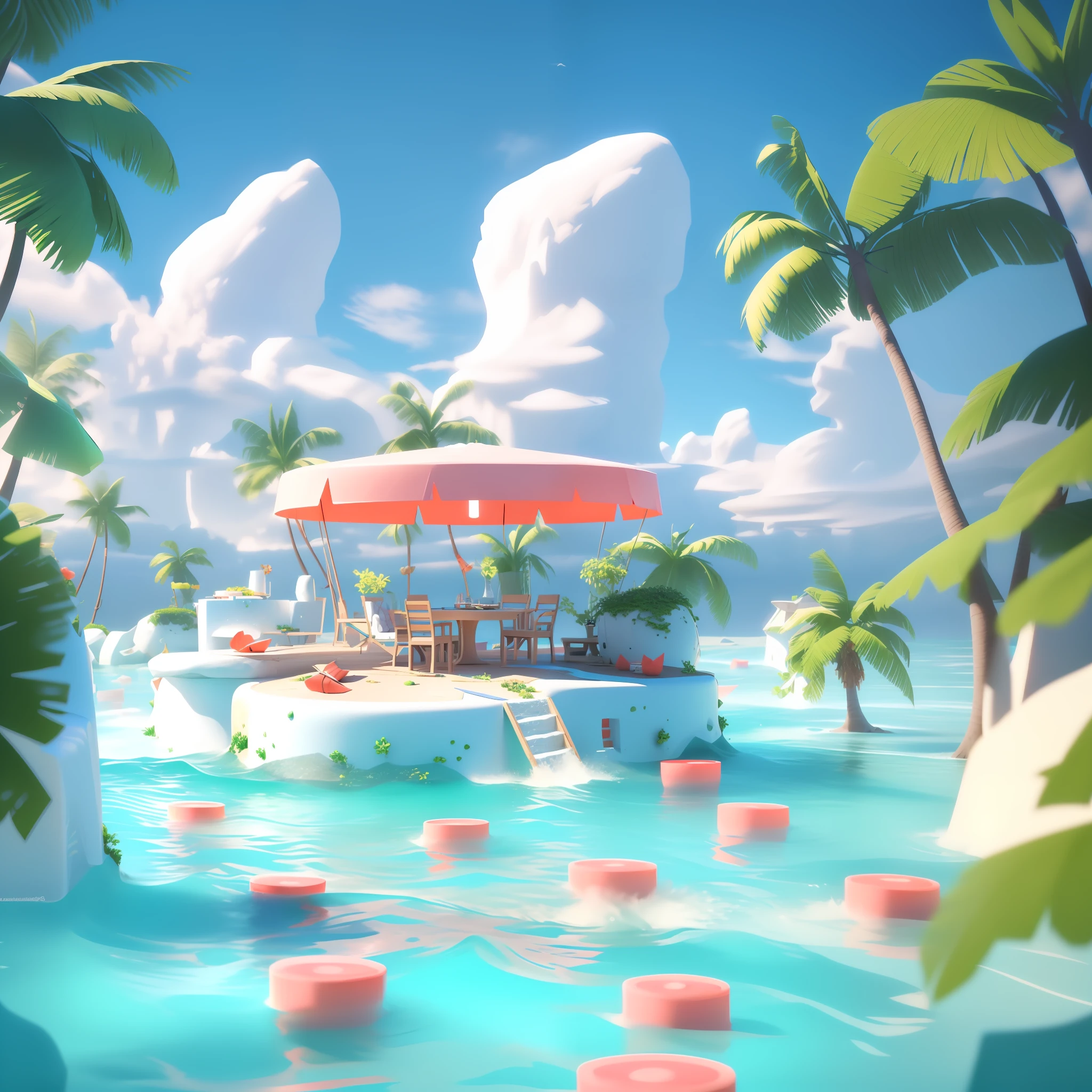 there is a small island with a table and umbrella in the middle of the water, 3 d render stylized, stylized 3d render, stylized as a 3d render, rolands zilvinskis 3d render art, 3 d stylize scene, relaxing concept art, stylized concept art, (octane render) fantasy style, stylized 3 d