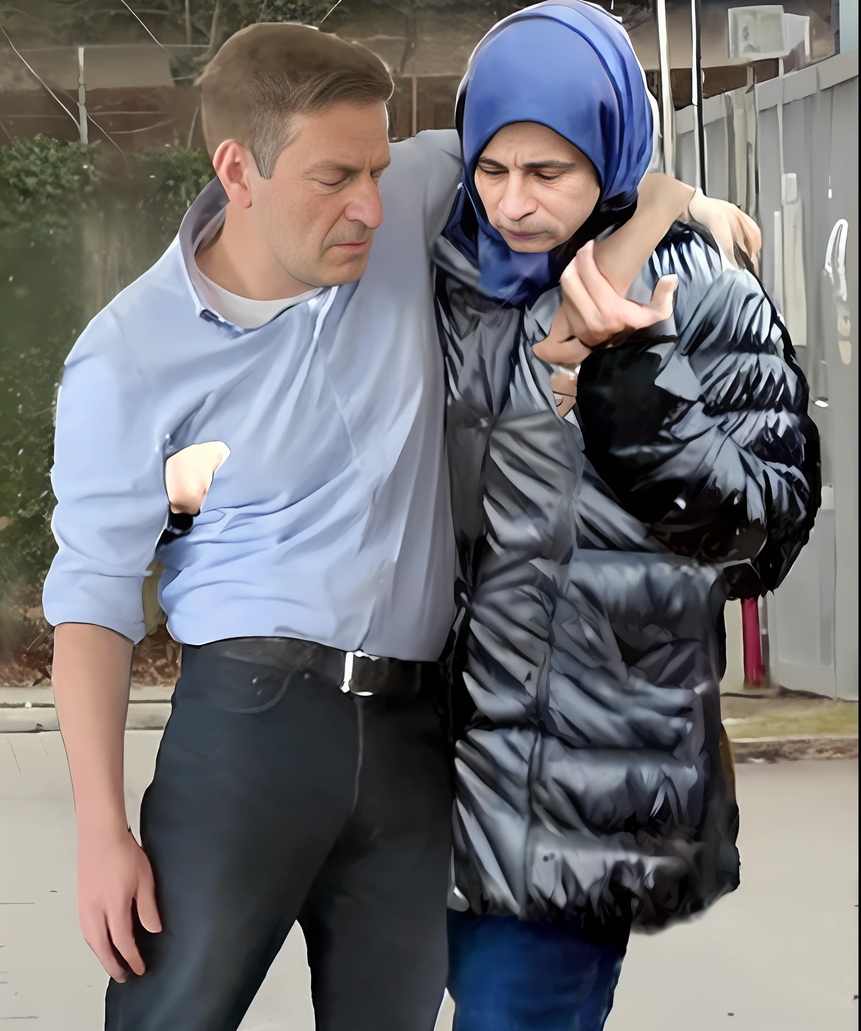 a wounded elderly man and his girlfriend are walking down the street together in the cold, the girl is wearing a very wet and shiny laquered coat, action shot, the girl is supporting the elderly man, the elderly manis injured and is needing support to walk, the elderly man is shouting in pain, the elderly man is screaming out in pain, the elderly man is in pain, the girl is full of pity, the girl is looking very concerned, the elderly man is groaning out loud, the girl is wearing a very shiny coat, first aid scene, dramatic pose, boy with his arm around the girl, dafne keen, heartbreaking, wearing a blue jacket, photoshopped, emma watson with anxious, forcing him to flee, photo-shopped, ((oversaturated)), photo 2 0 1 0, poignant, with a kid, ???, they are walking down the street together in the rain, high quality upload, very coherent image, on a street, in the background, random content, shooting, in city street, exploitable image, person in foreground, beautiful girl, cover shot, with a kid, wonderful scene, in an urban setting, in the street, by Zahari Zograf