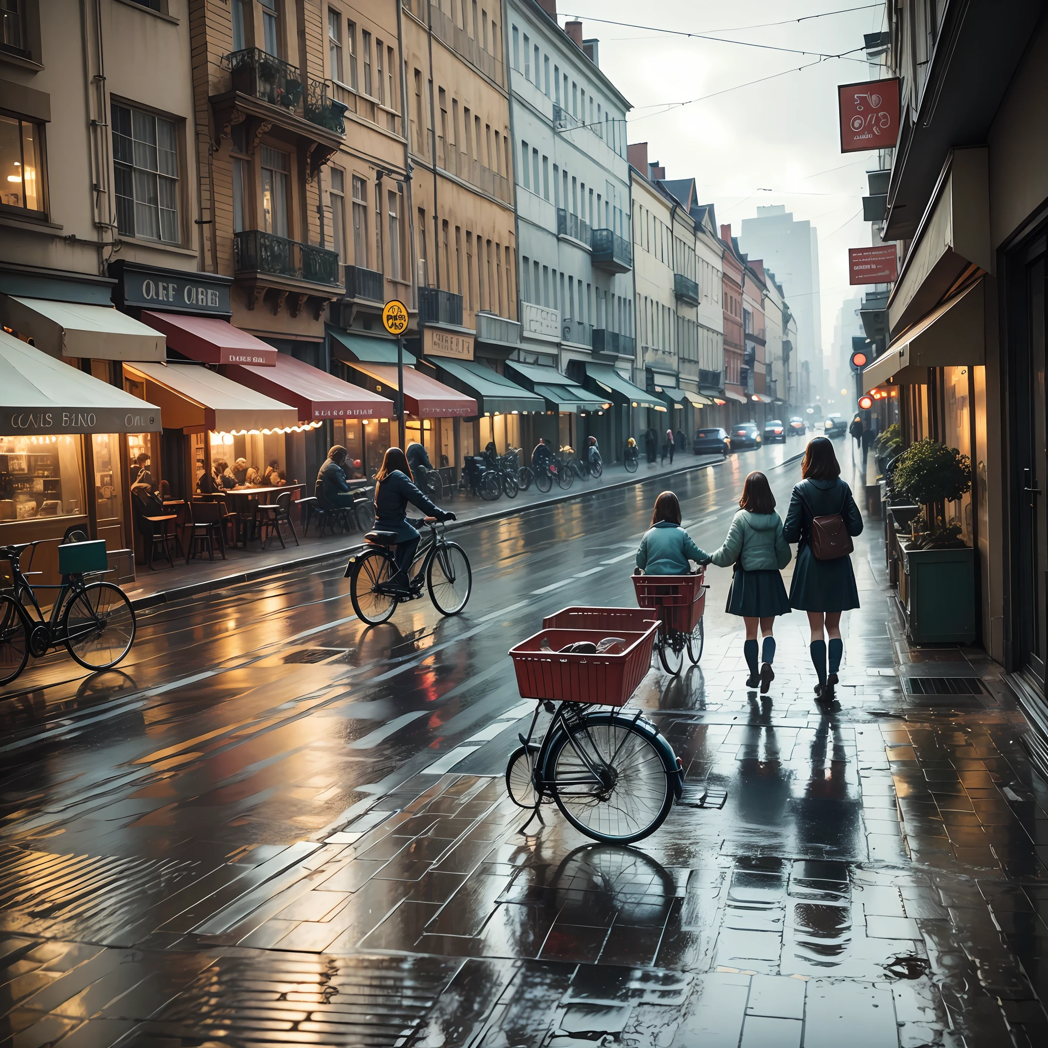 café photos, wet street, buildings, busy street, bicycle, garbage, nostalgia, super quality, super detailed, girl, --auto --s2