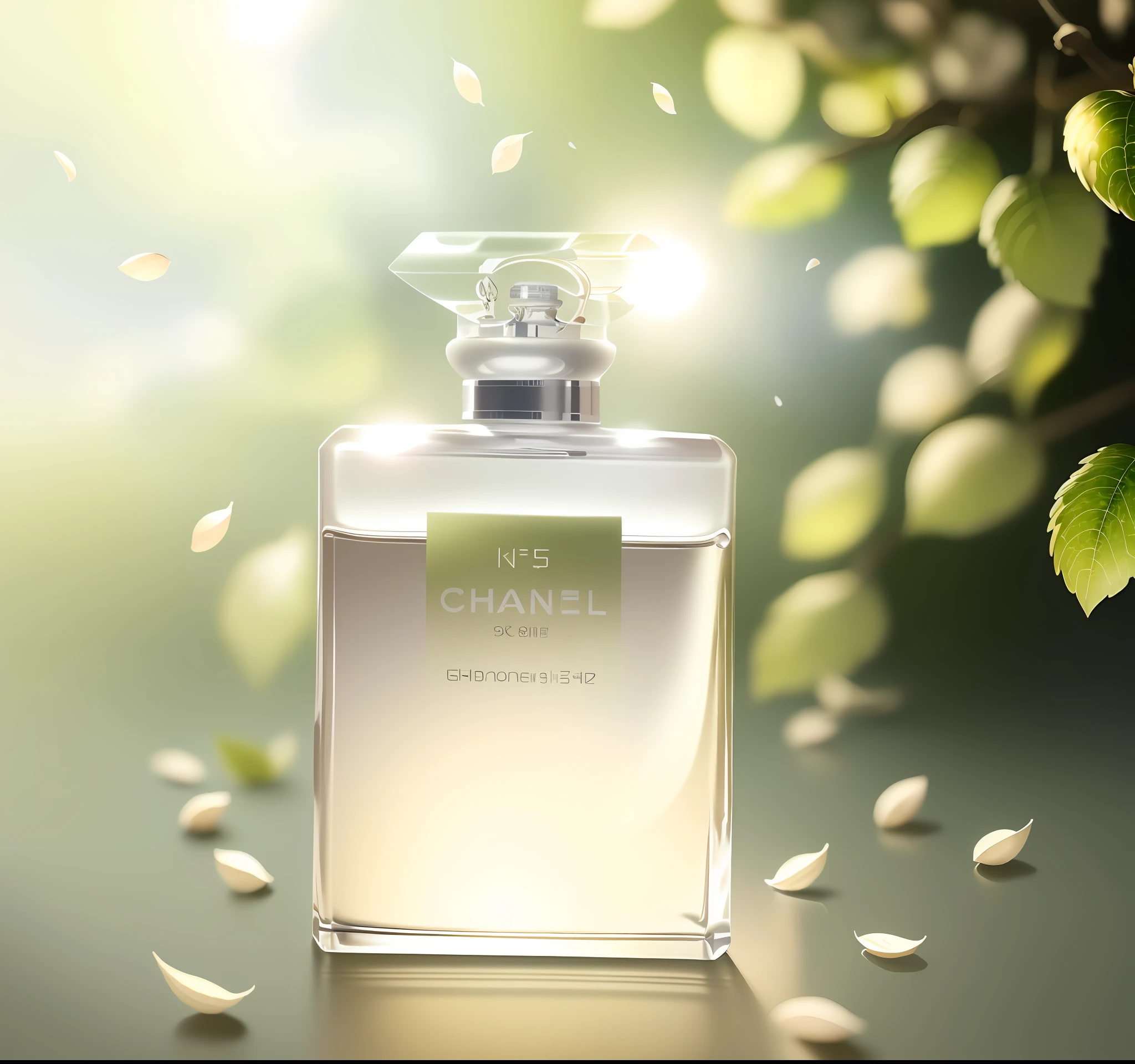 Masterpiece, best quality, (very detailed CG unified 8k wallpaper) (best quality), (best illustration), (best shadow) Nature Valley Delicate leaves Petals of various colors falling in the air Ray tracing, ultra-detailed, label white, background solid color, perfume bottle is made of glass --v6