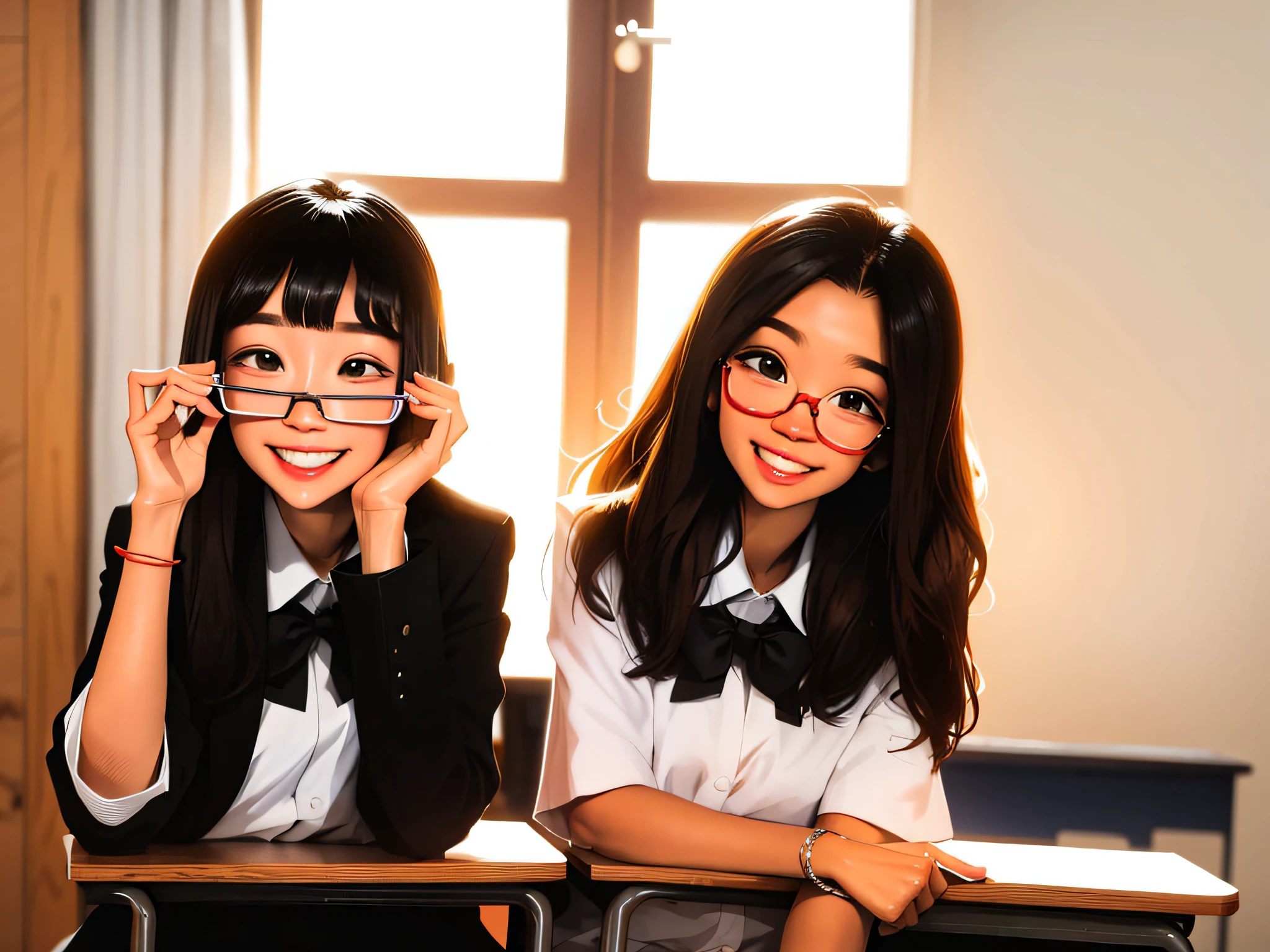 Anime style, two students, wearing glasses and smiling softly, looking at each other. One of them is particularly cute and exudes youthful atmosphere.