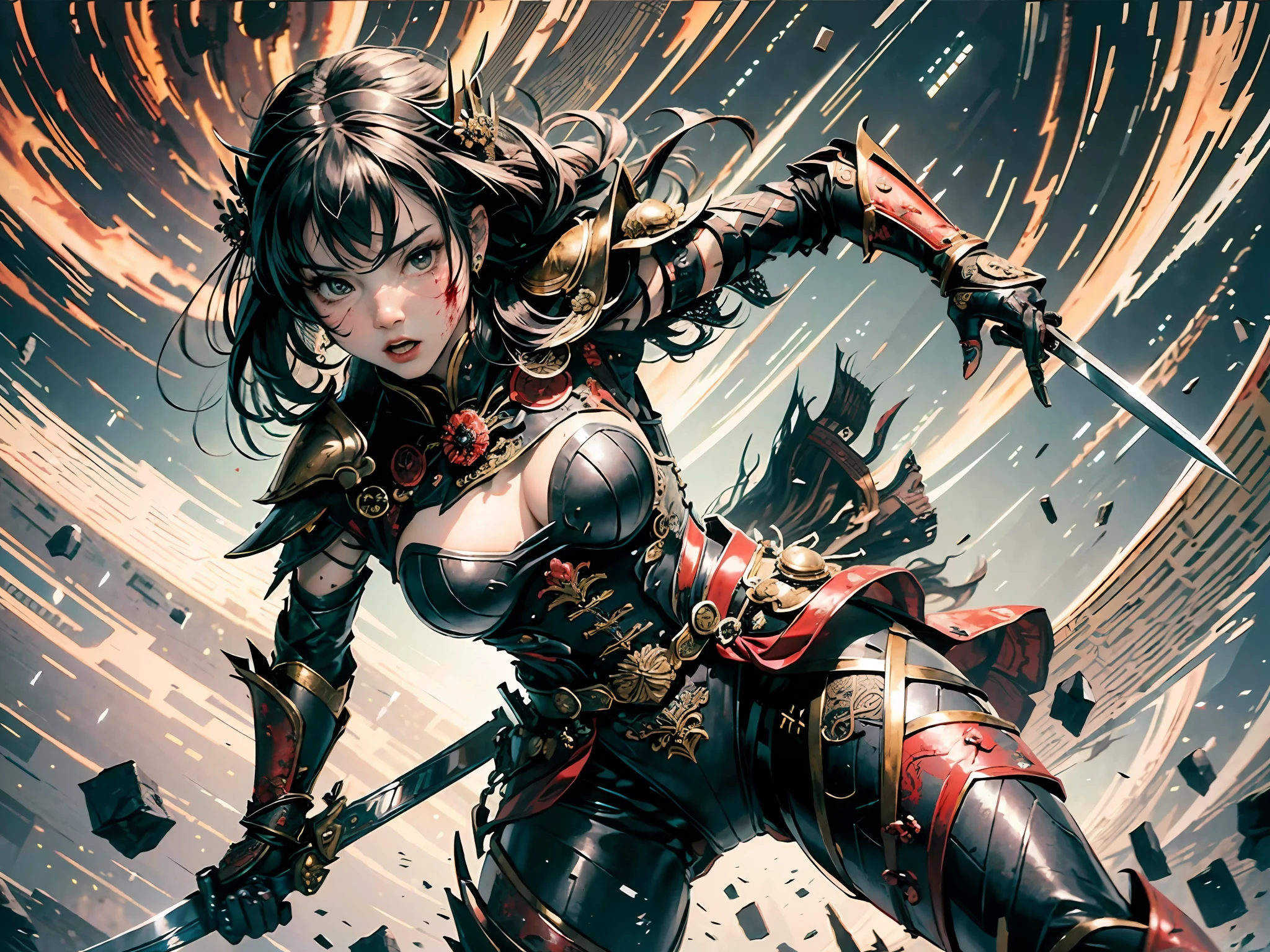 (Fidelity: 1.4), Quality, (Masterpiece: 1.2), (Best Quality), ((Surreal)) (Costume Details: 1.3), (Intricate Detail), Dramatic, Ray Tracing (1 Girl), Rule of Thirds Composition, (Tyndall Effect: 1.2), ( Anatomically correct: 1.2), (Black Armor, Chinese Costume Armor, War, Intense, Dynamic, Motion Blur, Dash, Vitality, Solo, Rage, Battle, Blood Drops, Chinese Royal Palace, Colored Ink Background, Panorama, Short Knife, Strong Edge, Dark)