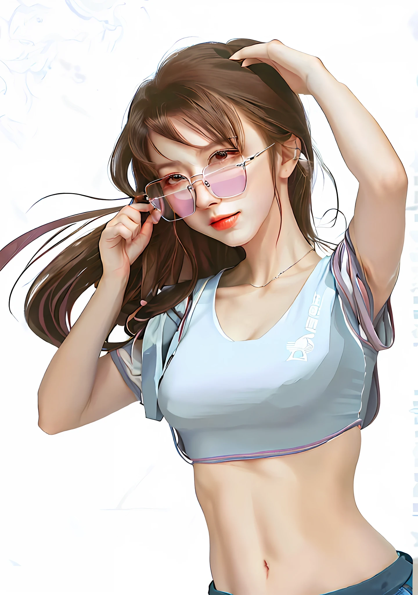 a cartoon girl with glasses and a blue shirt, glamorous tifa lockheart, tifa lockhart portrait, seductive tifa lockhart portrait, seductive anime girl, portrait of tifa lockhart, tifa, makoto shinka, tifa lockhart, tifa lockheart, revy black lagoon, attractive anime girl, akiko takase, female anime character