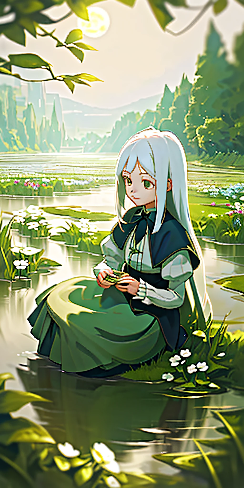 (masterpiece, top quality), one girl with long white hair sitting in a field of green plants and flowers, hand under chin, warm moonlight, blurry foreground, , river bank, skirt tucked up,