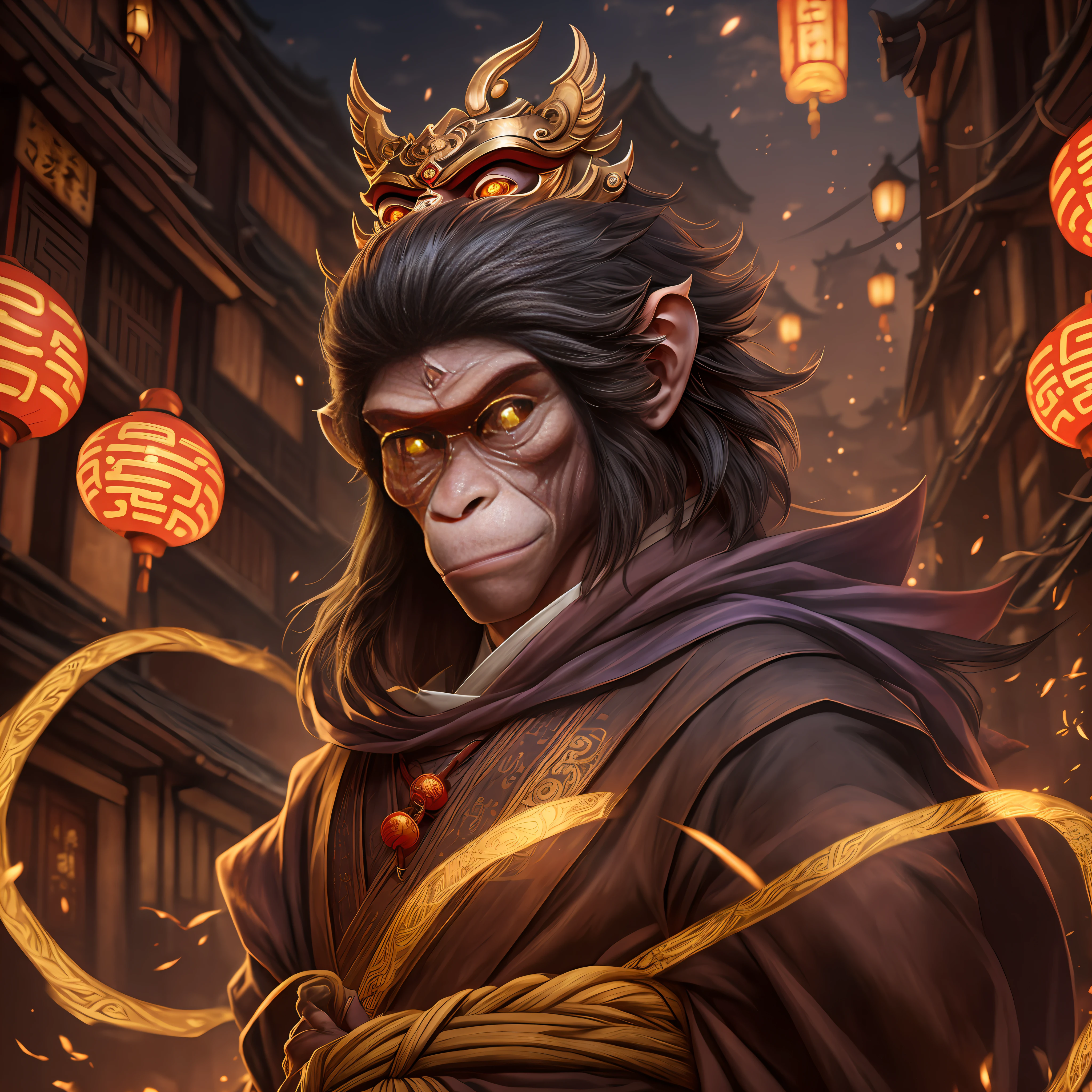 A monkey, magical, anthropomorphic, boy, angry expression, glowing eyes, Wanruo mask, Hanfu, background of ancient Chinese street, night. Genshin Impact Impact, Best Quality, High Detail, High Quality, Ultra High Resolution, OC Rendering, 8K --auto --s2